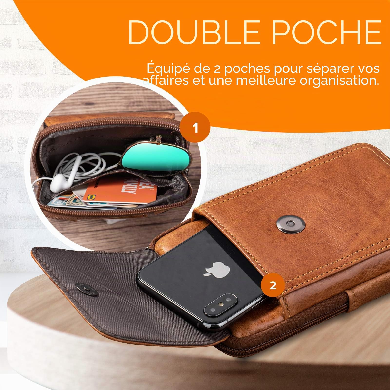 Sac de Ceinture en Cuir véritable Sacs à bandoulière Étui de Support de téléphone Portable pour iPhone 16 15 14 13 12 11 Pro Max Samsung S25 S24 S3 Ultra S25+ Sac de Ceinture (Brun)