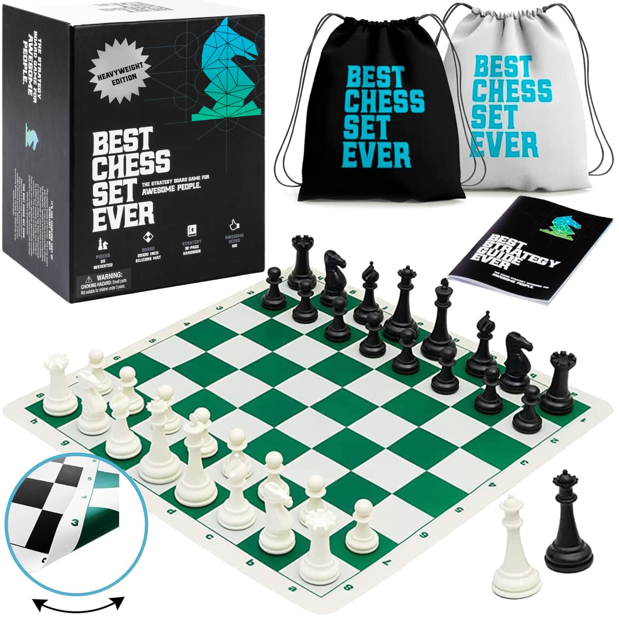Best Chess Set Ever Set Professionale con Pezzi Staunton di Peso Triplo | Set da Torneo con Scacchiera reversibile in silicone 50x50, guida di 32 pagine. Borse da viaggio. Per esperti e principianti