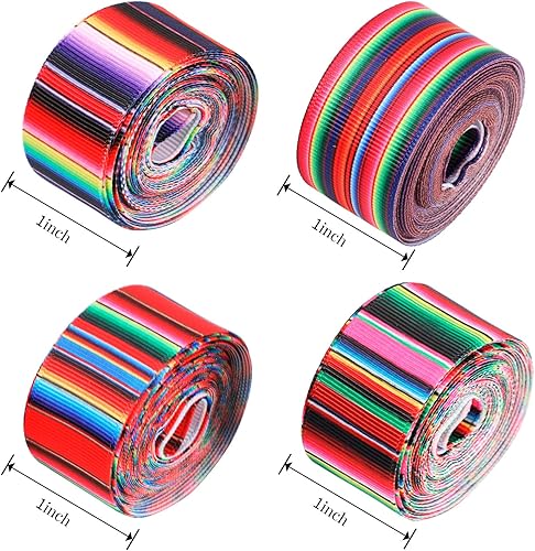 Miniatura 4 de WILLBOND 6 rollos de cintas de serape con rayas arcoíris mexicanas de 1 pulgada, cinta colorida de grogrén para fiestas, manualidades, decoración,