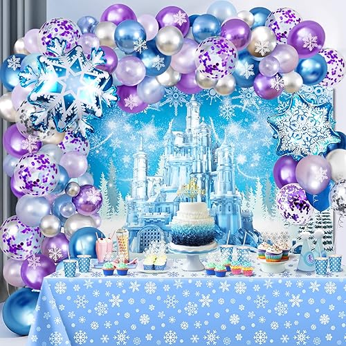 Decoraciones de fiesta temática de hielo, decoraciones de cumpleaños de nieve con kit de arco de globos azules y morados, castillo de nieve de