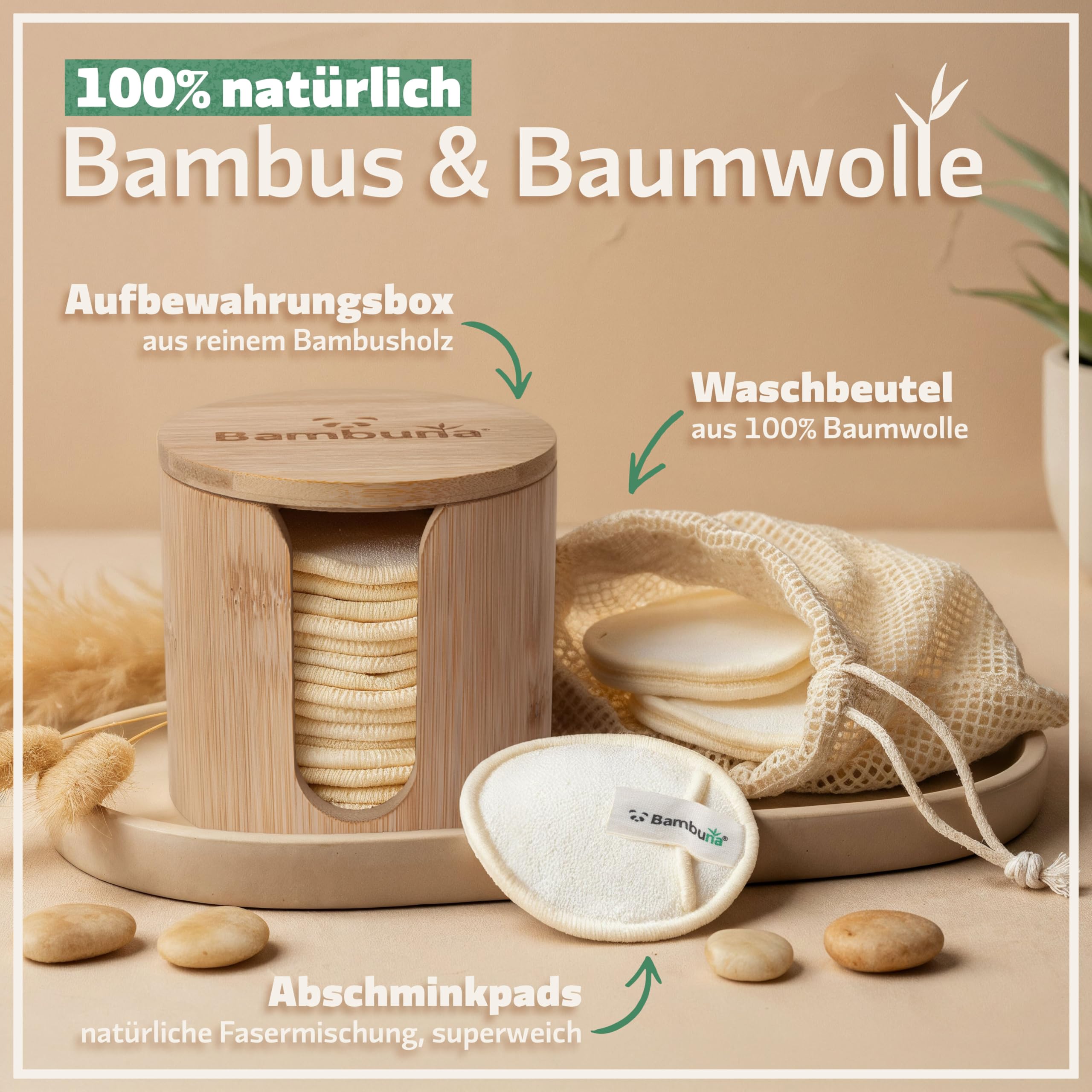 BAMBUNA wiederverwendbare Abschminkpads | 18 Stück Baumwollpads|waschbare Make-up-Pads mit Aufbewahrungsbox und Waschbeutel | Zero Waste Kosmetikpads für Gesicht und Augen | vegan und plastikfrei