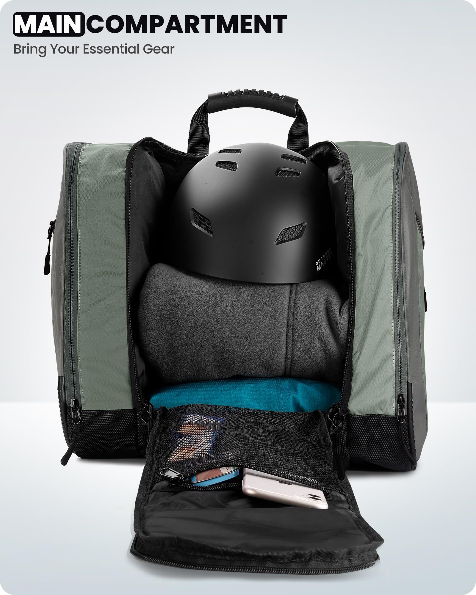 OutdoorMaster Sac à chaussures de ski, sac à dos de bottes de snowboard de voyage en avion avec fond imperméable pour casque de ski, lunettes et gants - Gris foncé