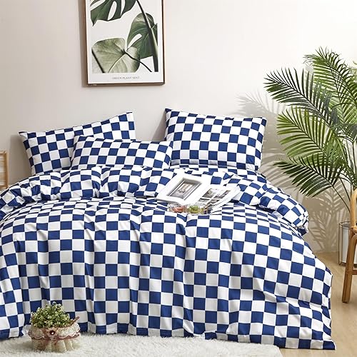 Miniatura 2 de Juego de edredón de cuadrícula azul real y blanco, juego de ropa de cama a cuadros azul real para niñas, juego de edredón transpirable para niños,