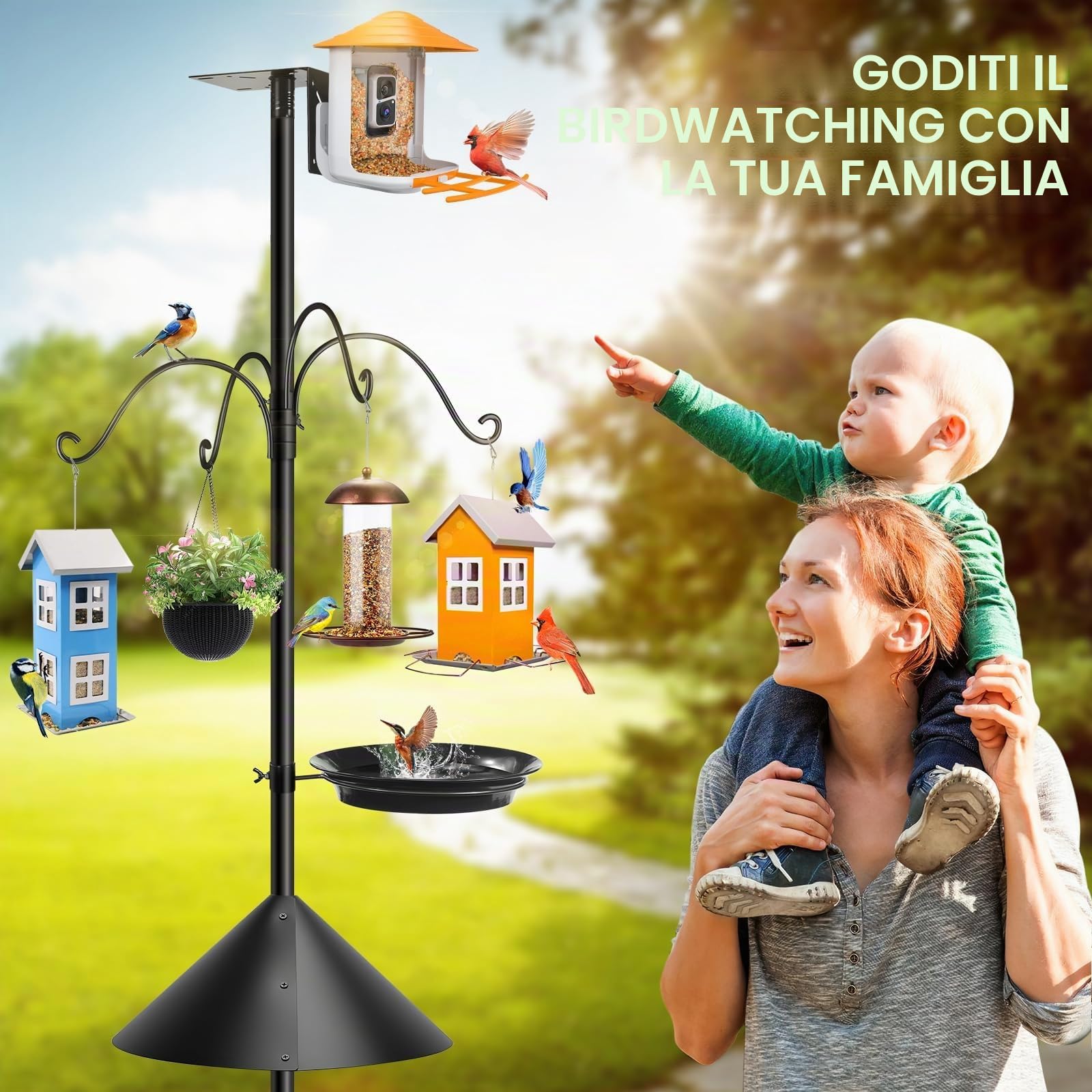 234 cm Mangiatoia per uccelli da esterni, Supporto Stazione Alimentazione Uccelli, Base Metallica Regolabile 5 Denti, Terrazza Decorazione Giardino (Senza Casetta) Kit Completo