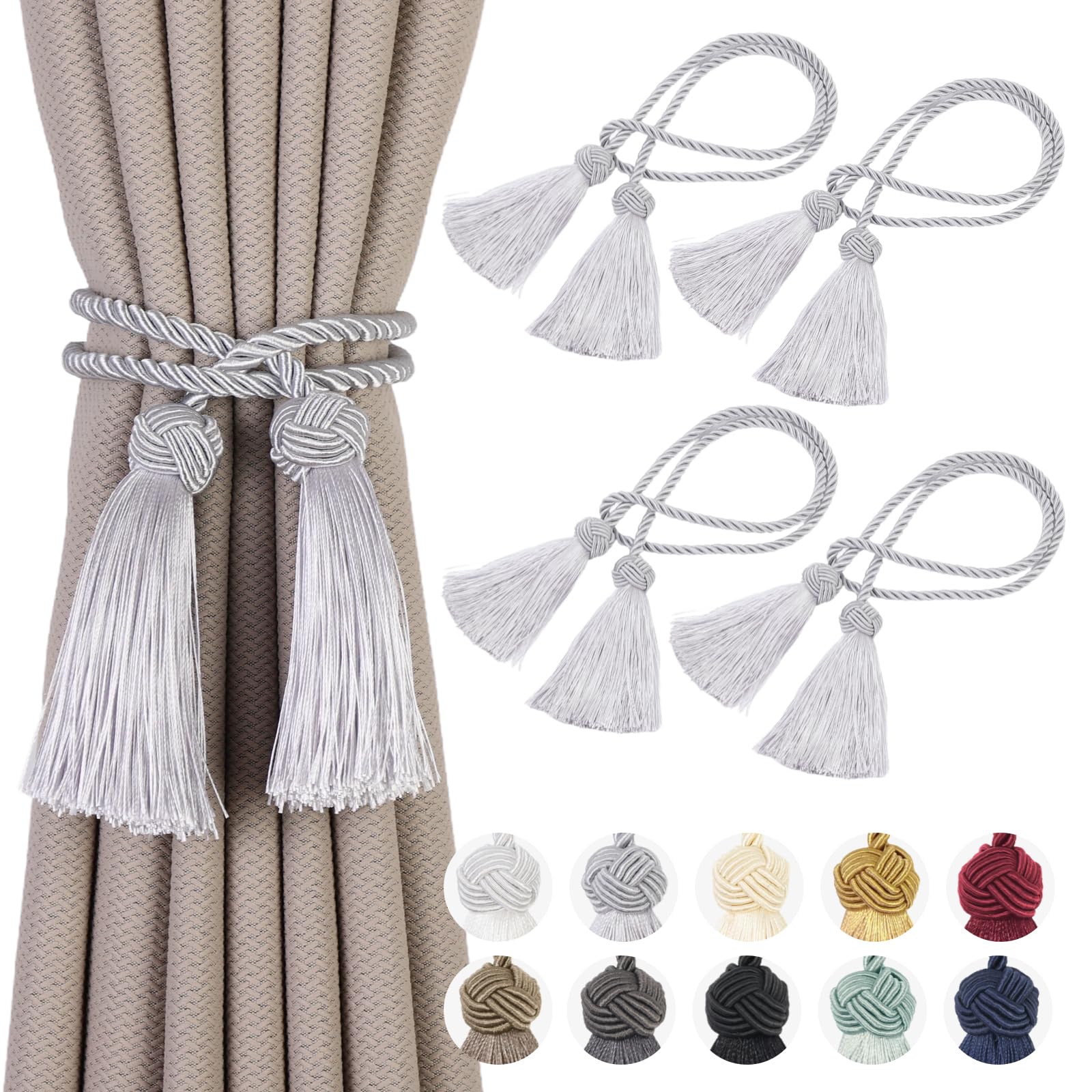 4 Pack Curtain Tiebacks Curtains Tie Back with Tassels- Curtain Holdbacks Tassel Decorative Rope for Towel Bedroom Bathroom Kitchen Home and Office