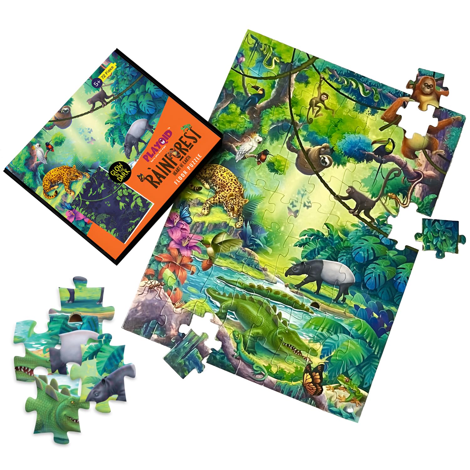 Playqid glow in the dark rainforest jigsaw puzzle for kids | Rainforest heart of earth 72 piece floor puzzle for age 5 year old boys and girls | Educational and fun puzzles for kids
