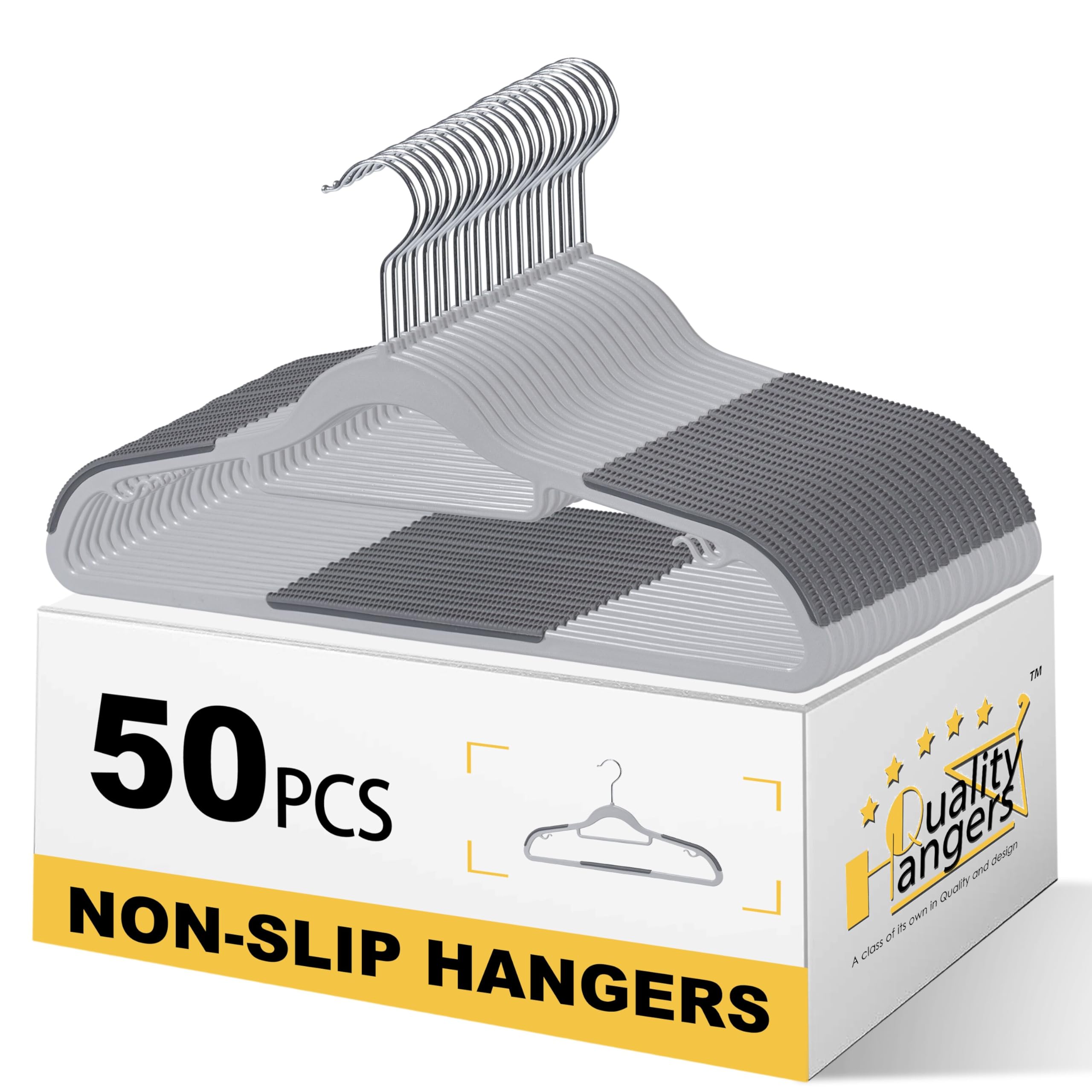 Quality Clothes Hangers 50 Pack - Non-Velvet Plastic Hangers for Clothes - Heavy Duty Coat Hanger Set - Space-Saving Closet Hangers with Gray Swivel Hooks - Functional Non-Flocked