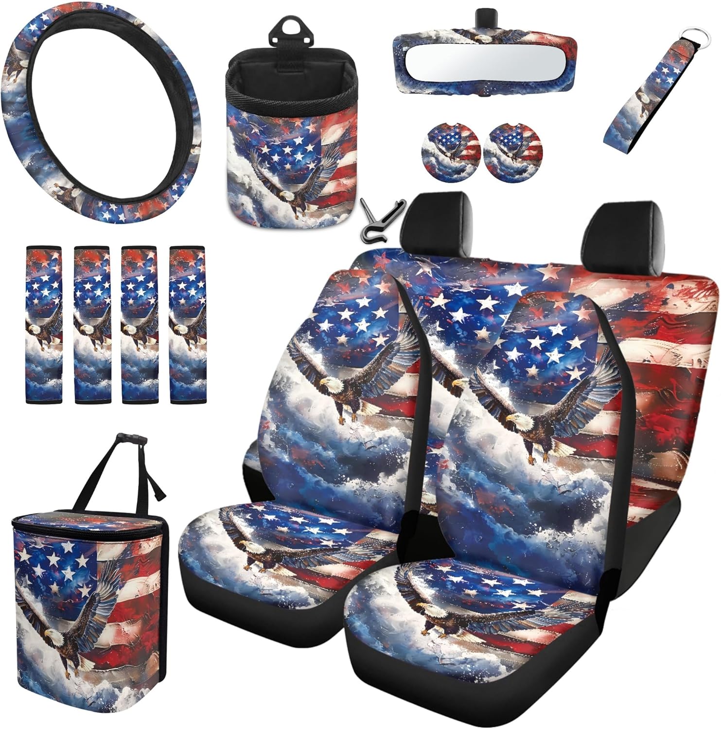 CLOHOMIN Eagle Car Seat Cover Full Set of 15 USA Flag Steering Wheel Protector Auto Seatbelt Pads Cup Coaster Trash Can Air Vent Storage Box Rear View Mirror Cover Coasters Wristlet Keychain