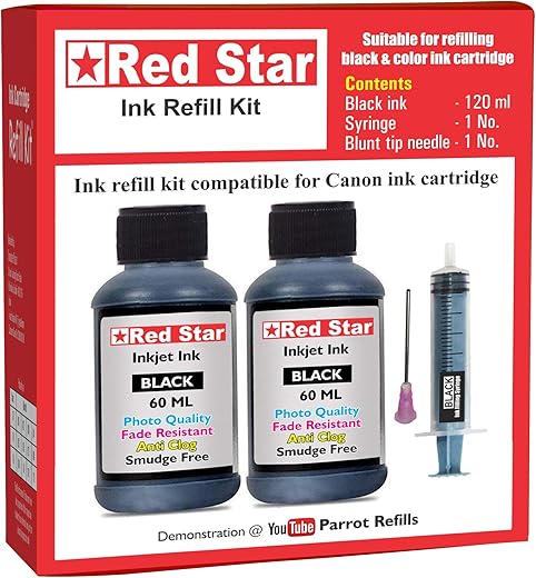 Red Star Black Ink Refill Kit for Canon Pixma PG 47, 88, 89, 740, 745, 810, 830, 40 with 120ml Compatible Ink, Syringe & Instructions