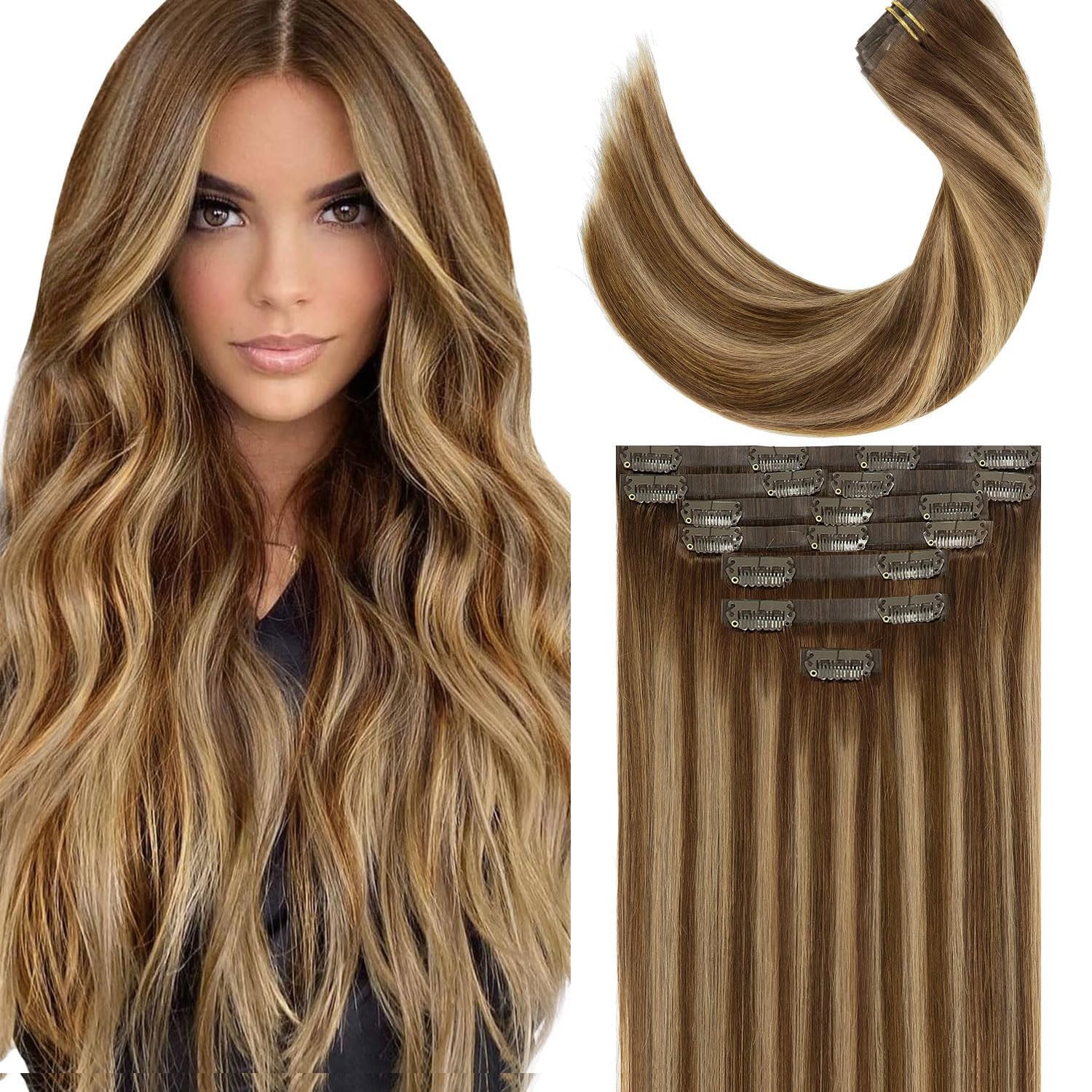Lacer Clip in Hair Extensions Real Human Hair 20 Inch 150g 8Pcs Balayage Clip in Hair Extensions 19 Clips Chocolate Brown to Caramel Blonde with Brown