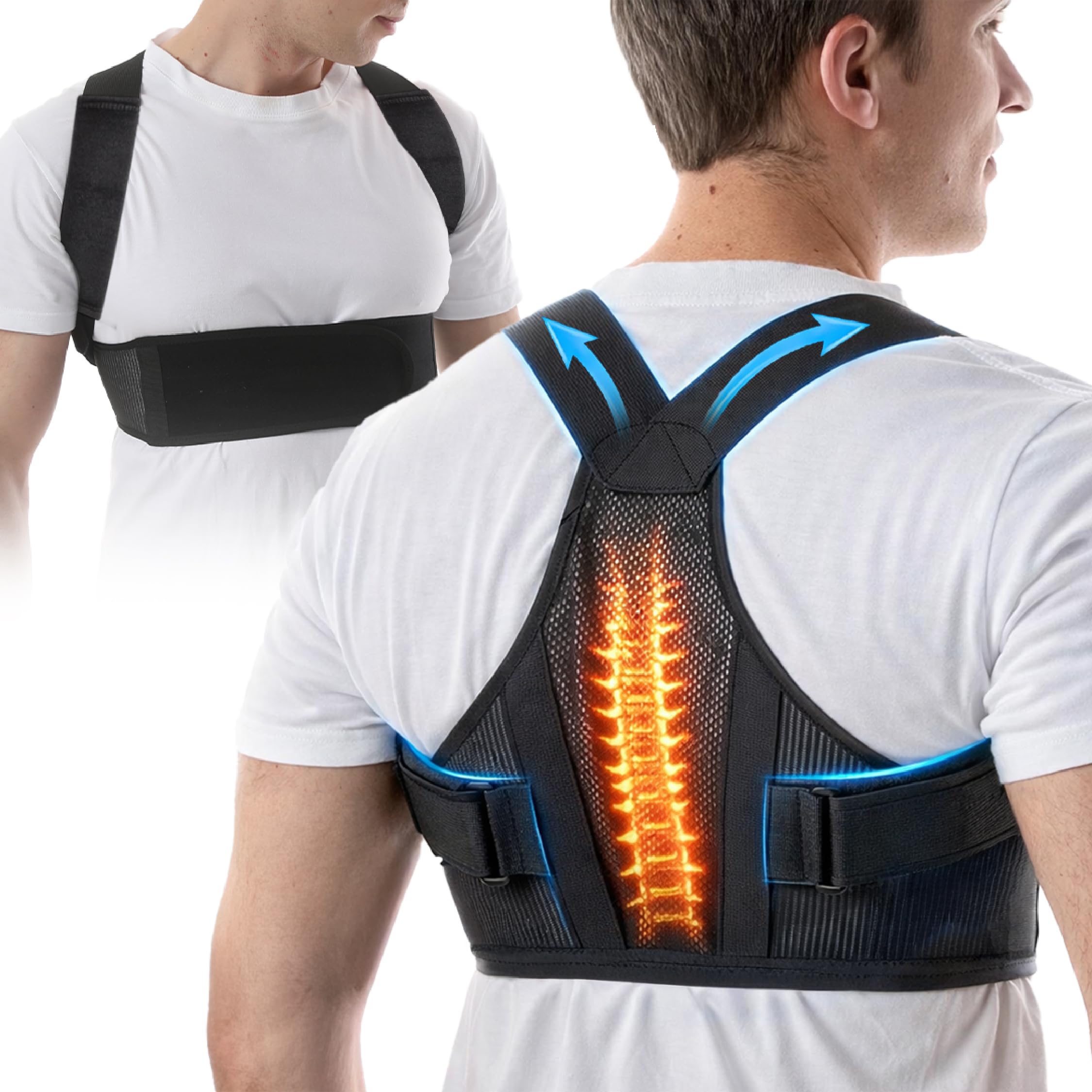 Corrector de Postura de Espalda para Hombre y Mujer, Mantiene la Espalda Recta y Alineada, Alivia Dolor Lumbar y de Hombros, Diseño Acolchado y Transpirable con 2 Protectores Anti Roce. (Talla L)