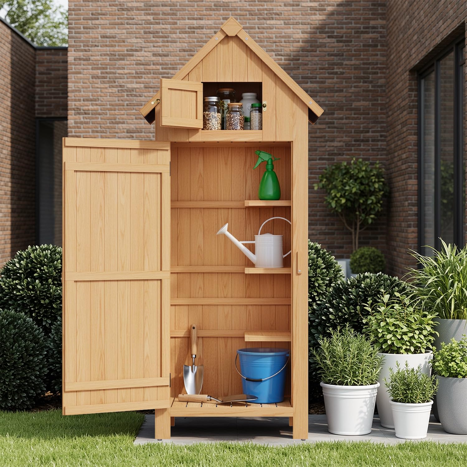 Armoire de Jardin en Bois, Abri à Outils avec Étagères, Rangement pour Outils de Jardin Ventilé à Toit en Bitume, Adapté pour la Pelouse, 77x54,2x179cm, Naturel
