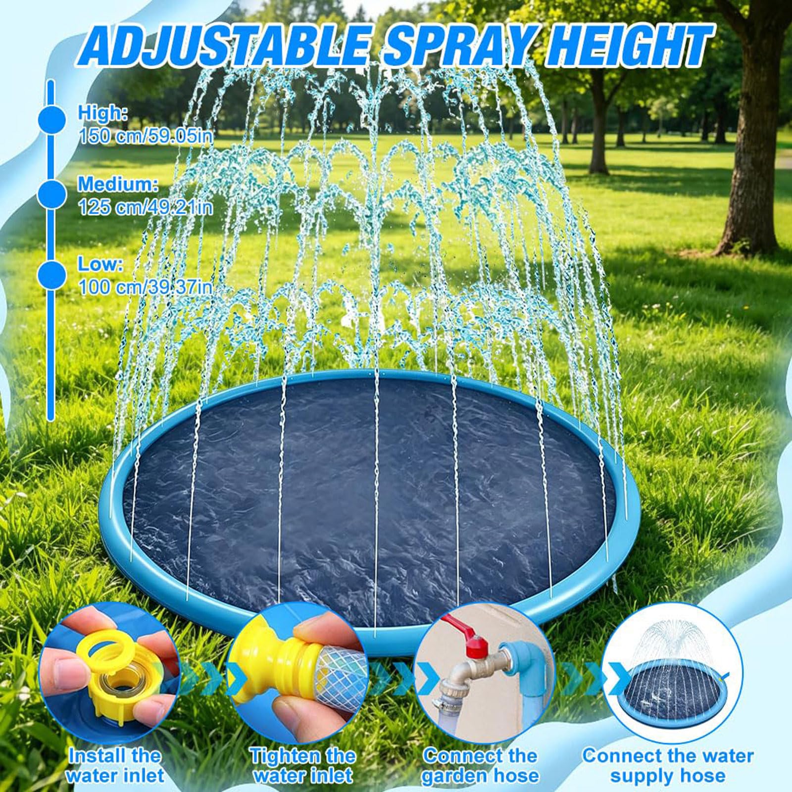 Splash Pad Sprinkler Play Matte 170CM Sprinkler Wasser Spielmatte Anti Rutsch Verdickte Plantschbecken Wasserspielzeug Spielzeug mit 3 HöHenverstellbar für Familie Aktivitäten/Strand/Garten