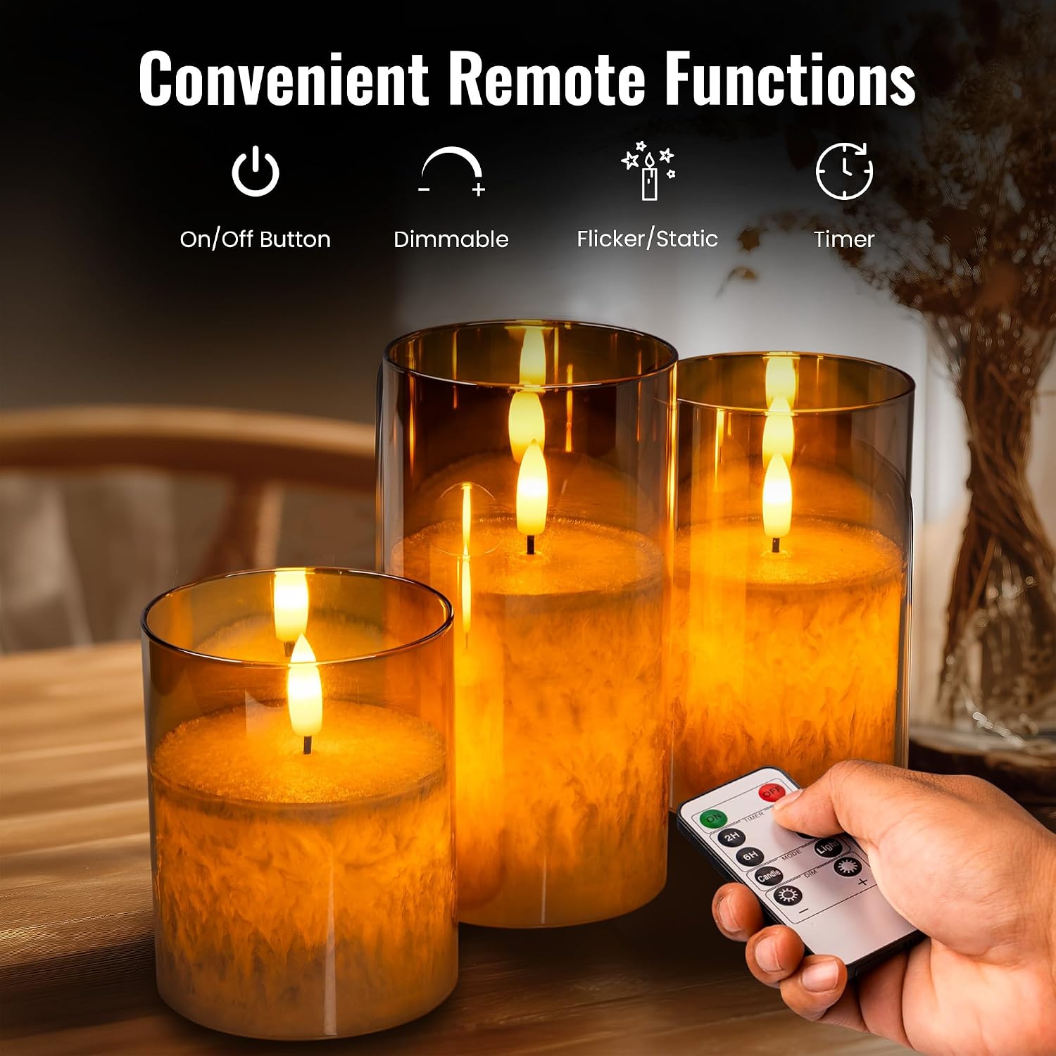Flameless LED Pillar Candles Set of 3, Crystallized Frosted Glass, Dual-Light Flickering Flame, Battery Operated with Remote & Timer, Metallic Gold, Heights 4" 5" 6"