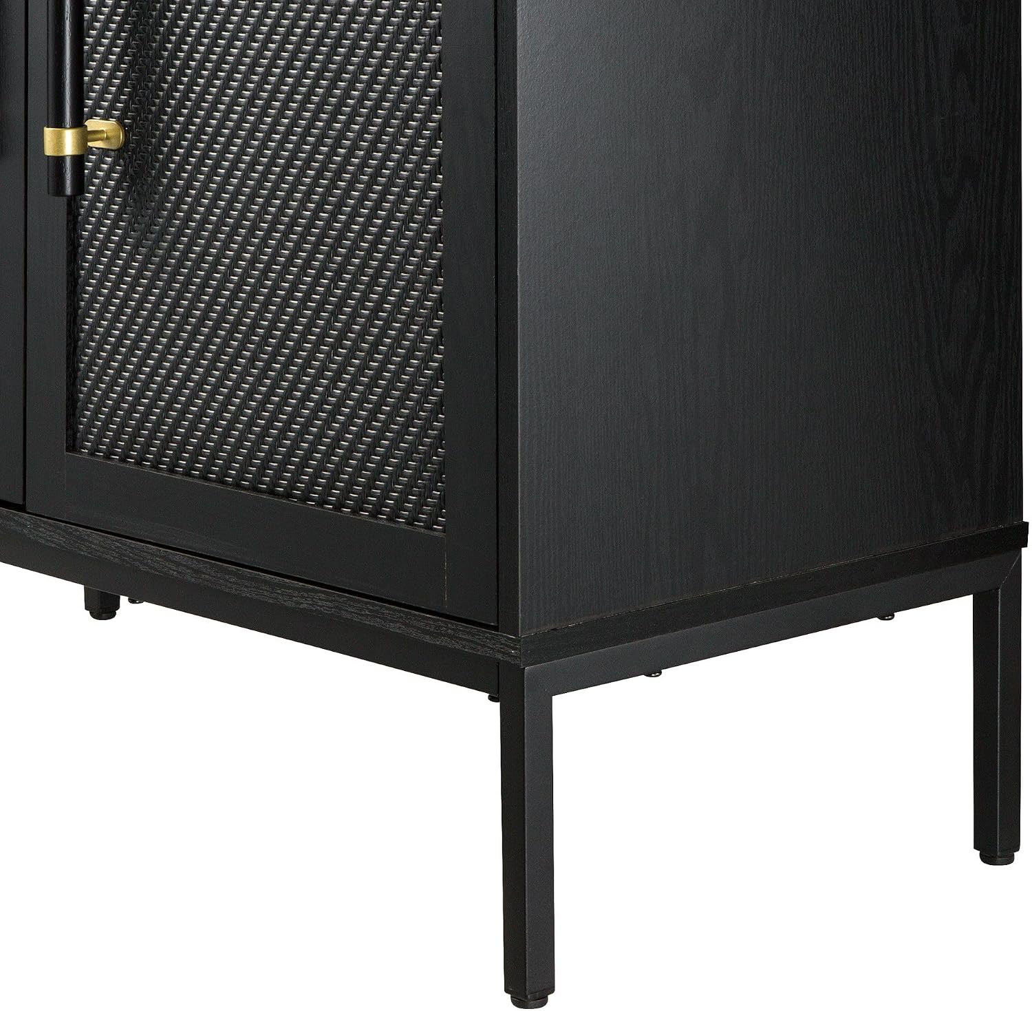 Sophia 2-Door Accent Cabinet, Black Finish with Rattan Doors & Wood/Brass Handles, Adjustable Shelf, Aluminum Legs, Mid-Century Modern Storage for Luxury Living Room, Kitchen, Entryway