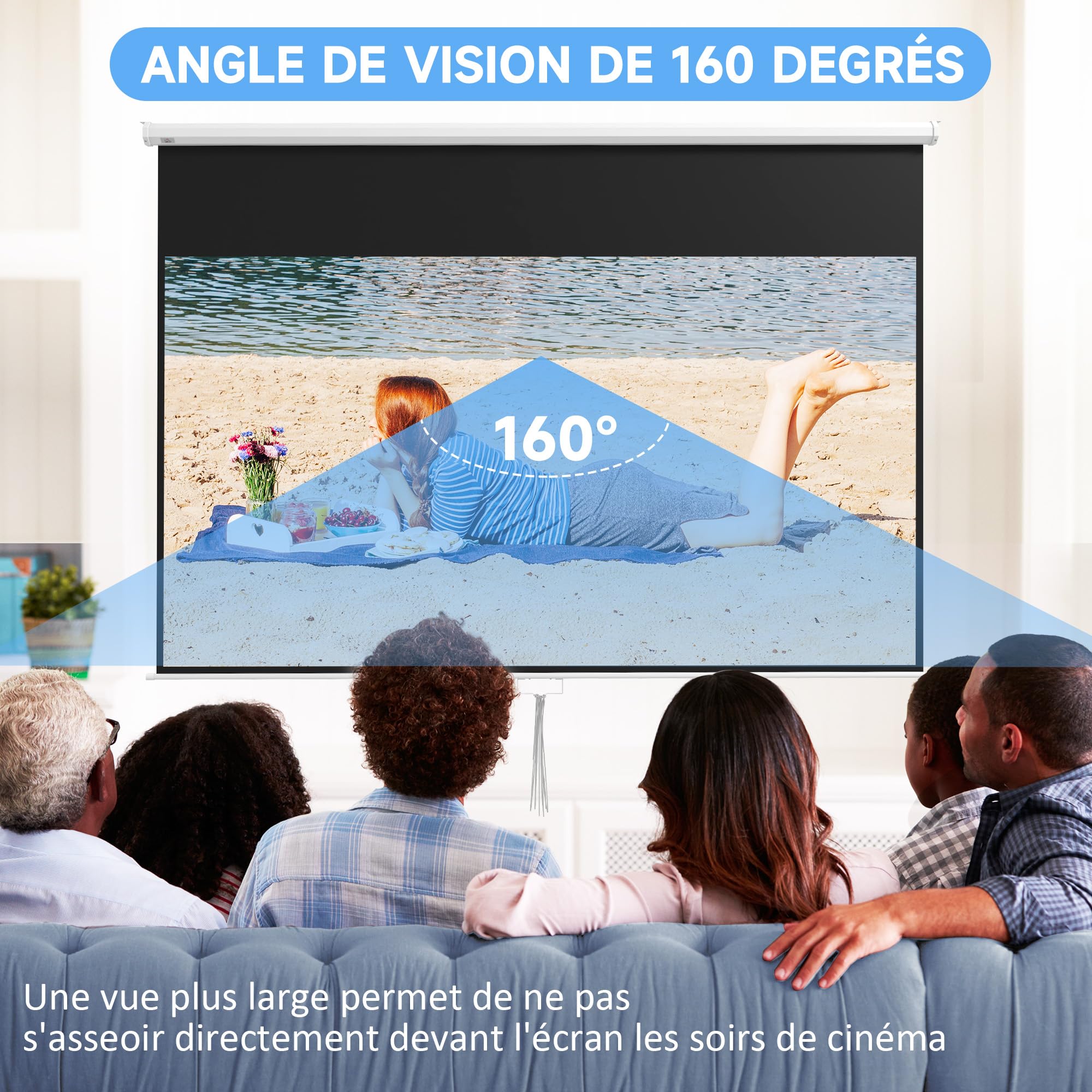 HOMCOM Écran de Projection de 120 Pouces, écran vidéoprojecteur, pour Home cinéma, 16:9 4K HD, Fixation Mur ou Plafond, 283 x 8 x 192 cm, Blanc