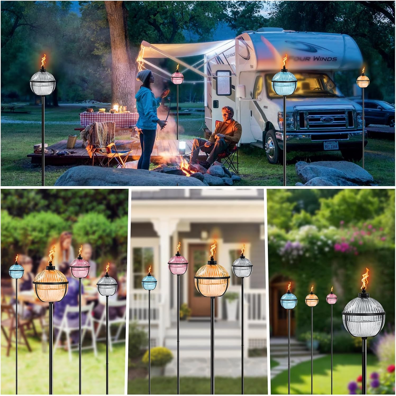 Citronella Torches Set of 4, Large Capacity 16 oz Outdoor Glass Torch Garden Décor，58.6 - Inch Upgraded Citronella Torches with 3-Prong Grounded Stake for Yard, Patio, Gatherin