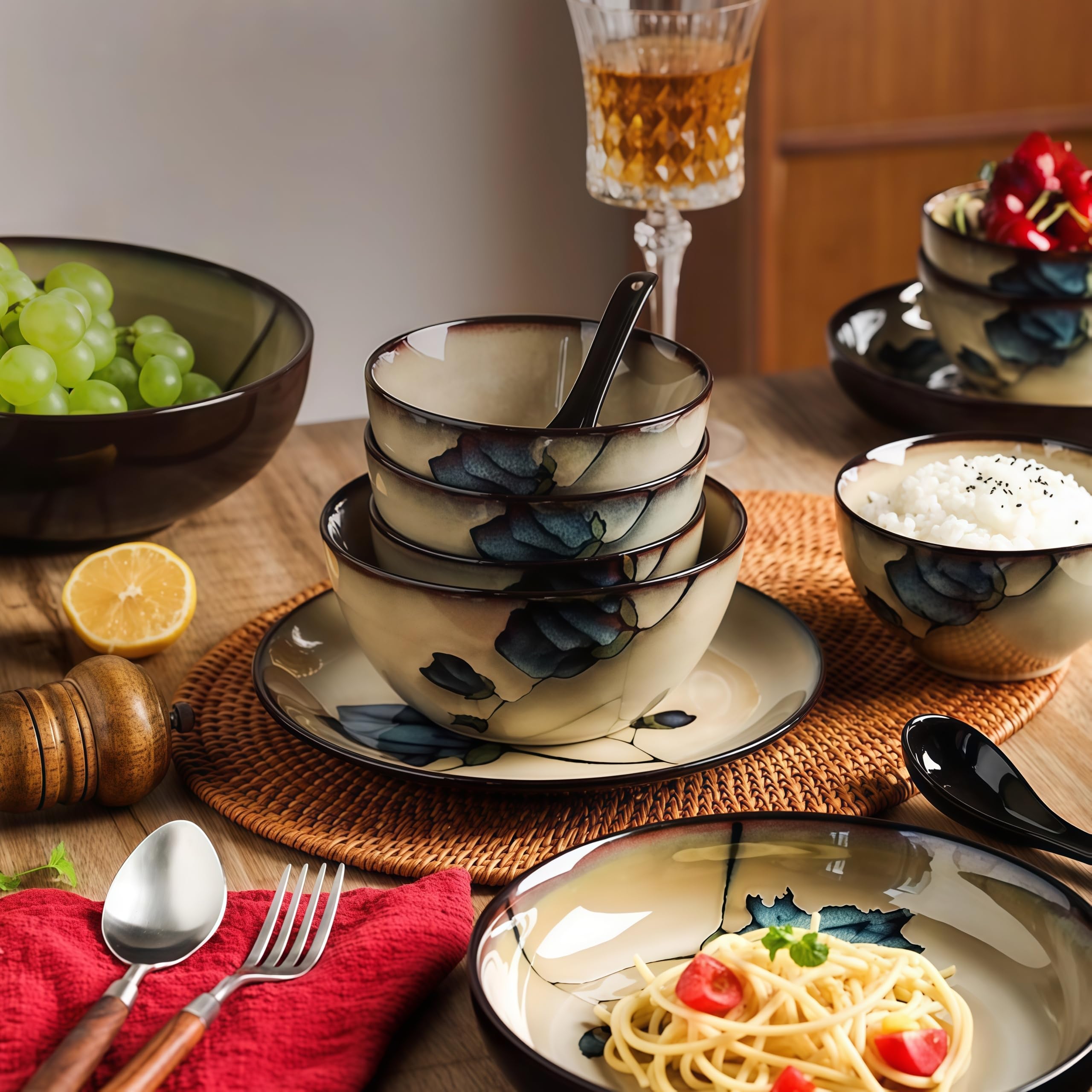 Ele Service de table 18 pièces en porcelaine pour 4 personnes comprenant des assiettes Ceic, des bols en Pa, une casserole à soupe, des cuillères chinoises et des chopstic – T en grès parfait pour les