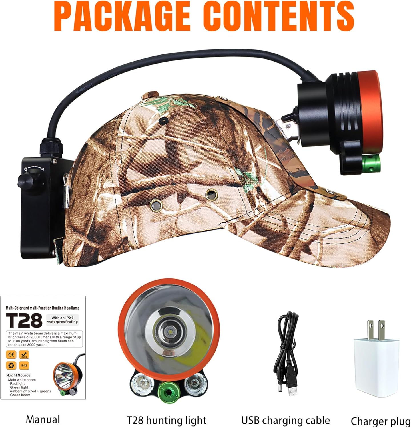 T28 5-Color 3000-Yard Coon Hunting Lights–2 000 lm White/Green/Red/Amber Spot & Green Beam, IPX6 Waterproof Night Hunting Headlamp for Varmint, Hog & Coyote Light