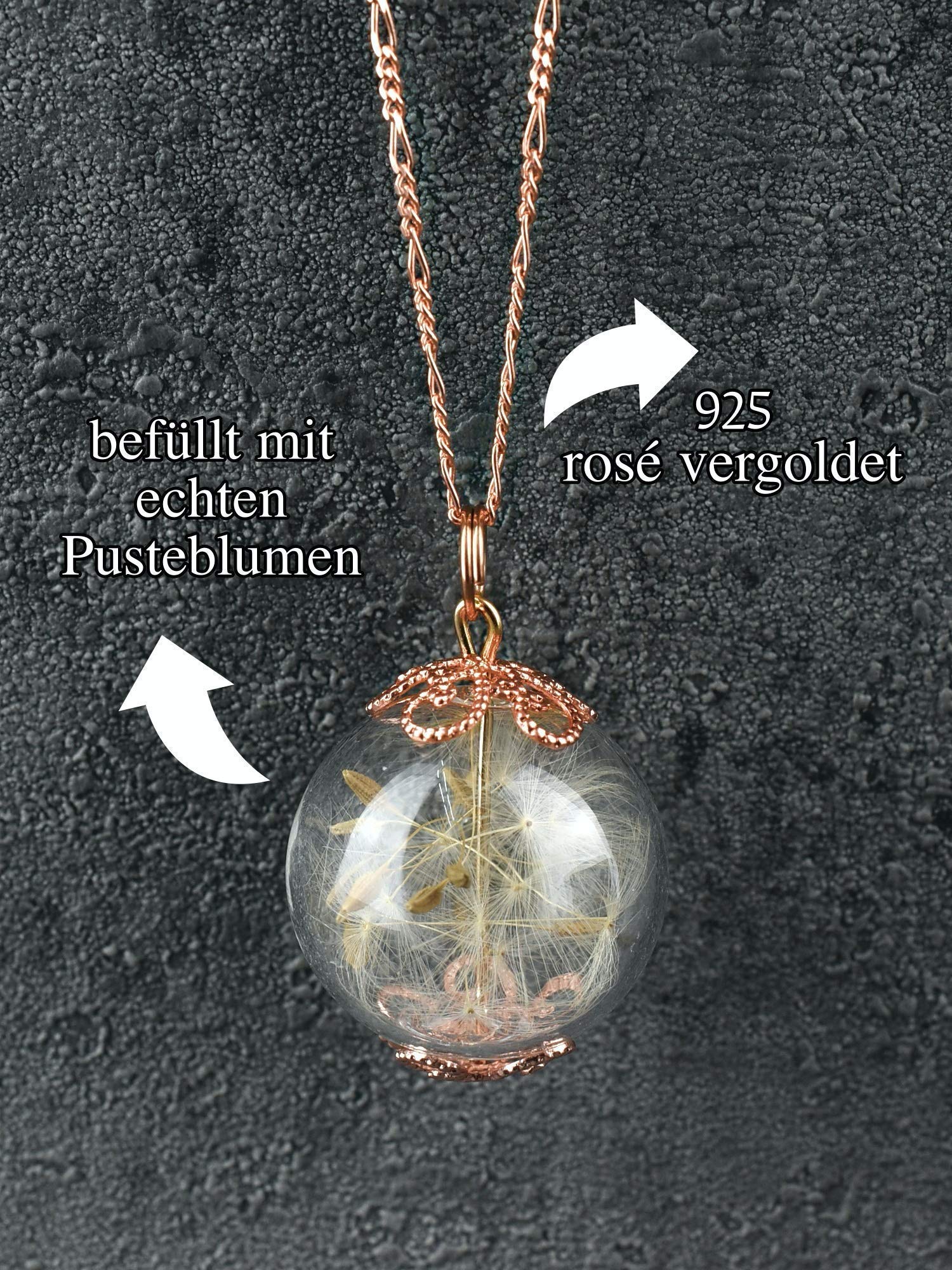 MadamLili - Natur Echte Pusteblumen Rosegold Anhänger Set - 925 Sterling Rose Vergoldet - Lange Kette 70cm - Handgefertigt - Naturschmuck Löwenzahn Samen - Shabbychic - Exklusive Schmuckbox