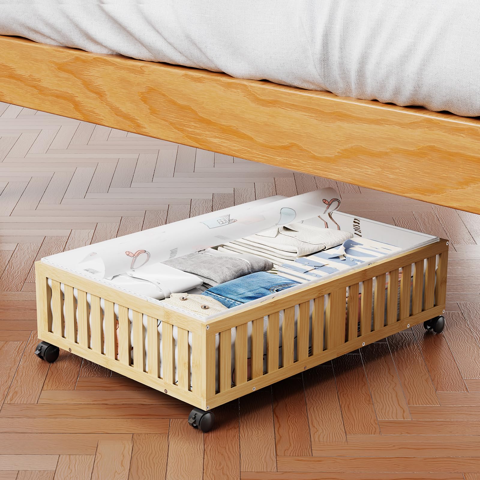 Landmok Bamboo Under Bed Storage Containers with Wheels, 40L UnderBed Drawers with Dust Bag, Breathable Under Bed Shoe Storage, Rolling UnderBed