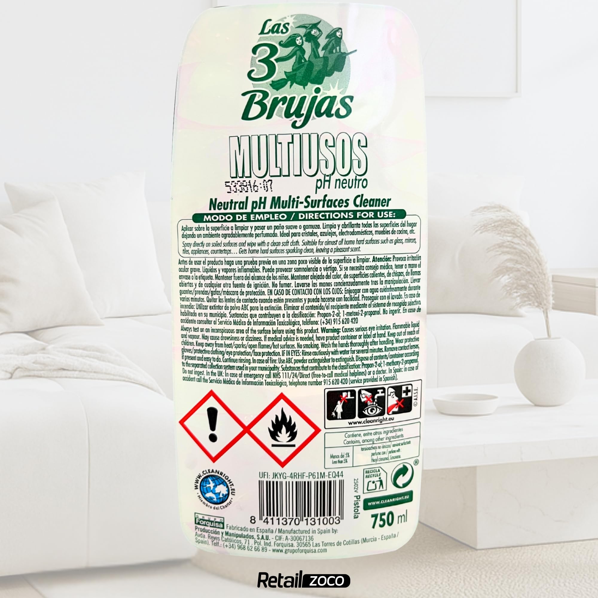 Limpiador multiusos en Spray, Limpiador Las 3 Brujas, Limpia y Abrillanta todas las superficies del hogar dejando un agradable perfume, pH Neutro, Pack de 3 botes de 750 ml