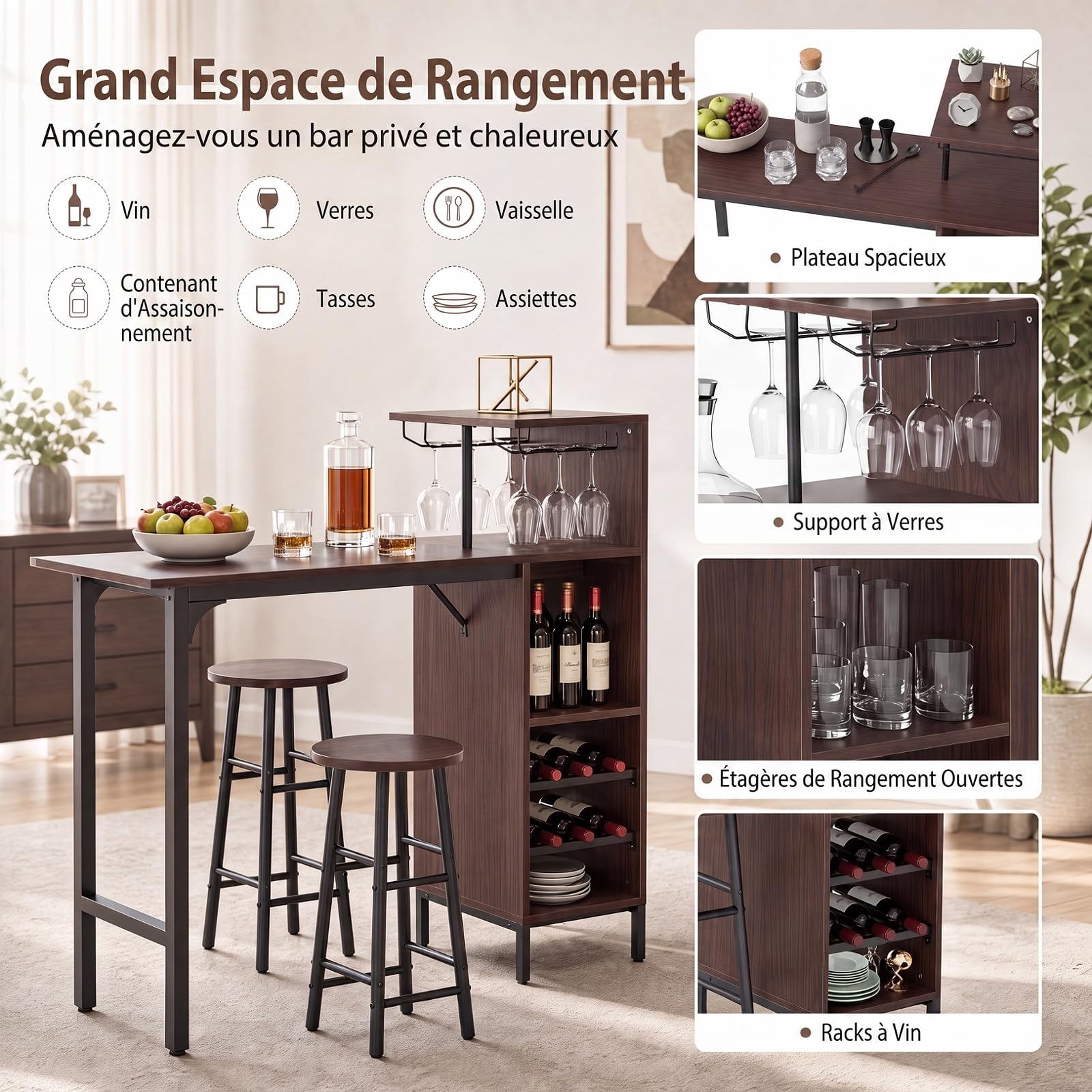 RELAX4LIFE Table Haute avec Tabouret, Mange Debout avec Porte-Verre, Porte-Bouteille, Étagères, Petite Table Bar Industrielle pour Cuisine Bistro Salle à Manger (Café)