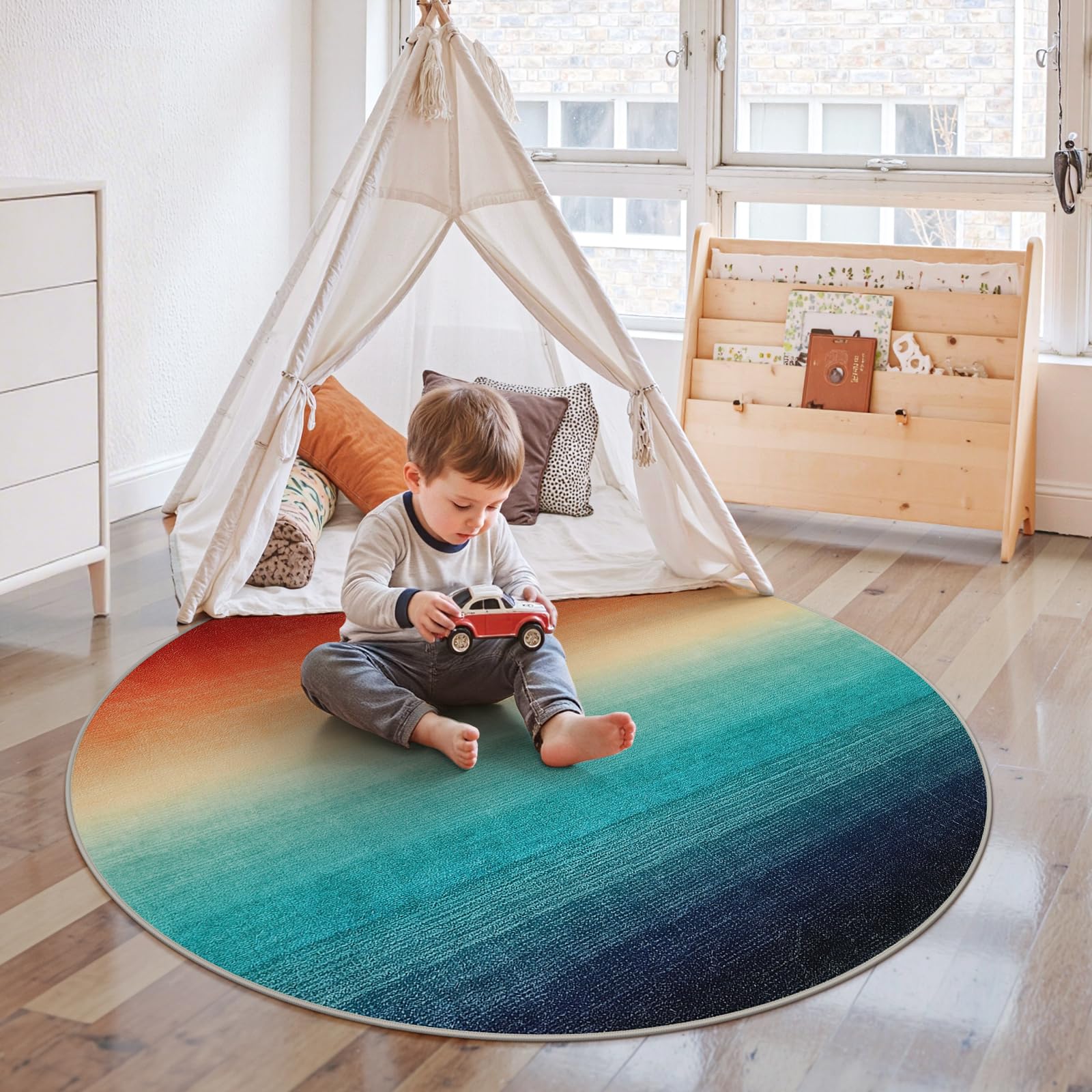 Wonnitar Modern Ombre Christmas Round Area Rug, 4ft Colorful Washable Living Room Circle Throw Mat, Non-Slip Contemporary Kitchen Circular Floor