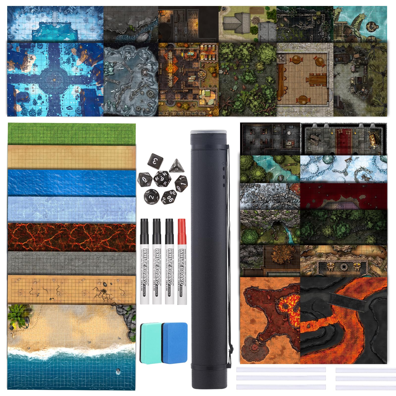sabermaster DND Map 32 Terrain 24" x 36",17" x 17",13" x 17" Double Sidedv Grids Dry Erase Battle Mats for Dungeons & Dragons Game with Dice Set,Clips,Eraser,Markers