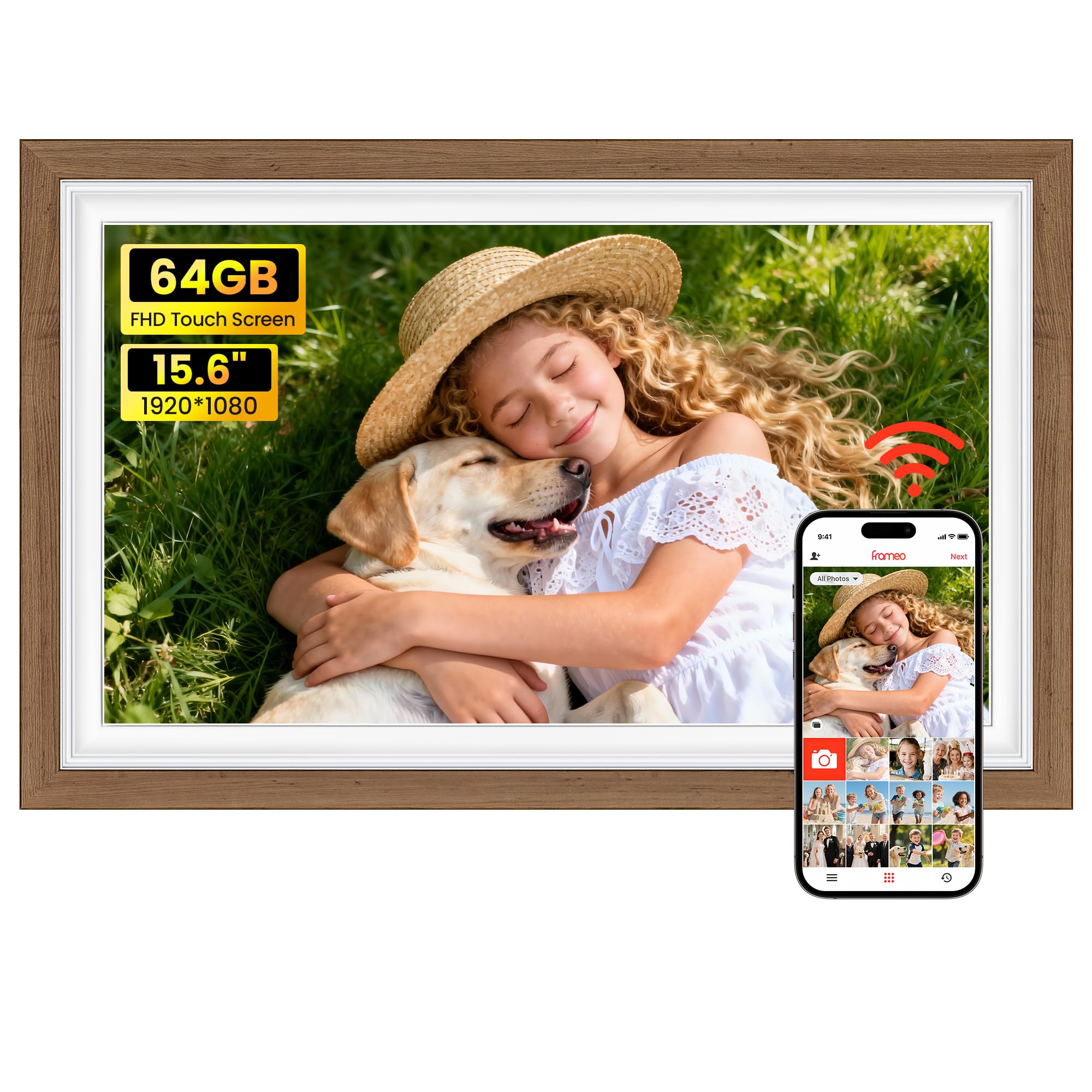 Photo 1 of BIGASUO Digital Picture Frame 15.6" Frameo 64GB Large WiFi Electronic Photo Frames 1920x1080 IPS FHD Touch Screen Share Moments Instantly Anywhere Best Gifts for Parents and Grandparents Solid Walnut