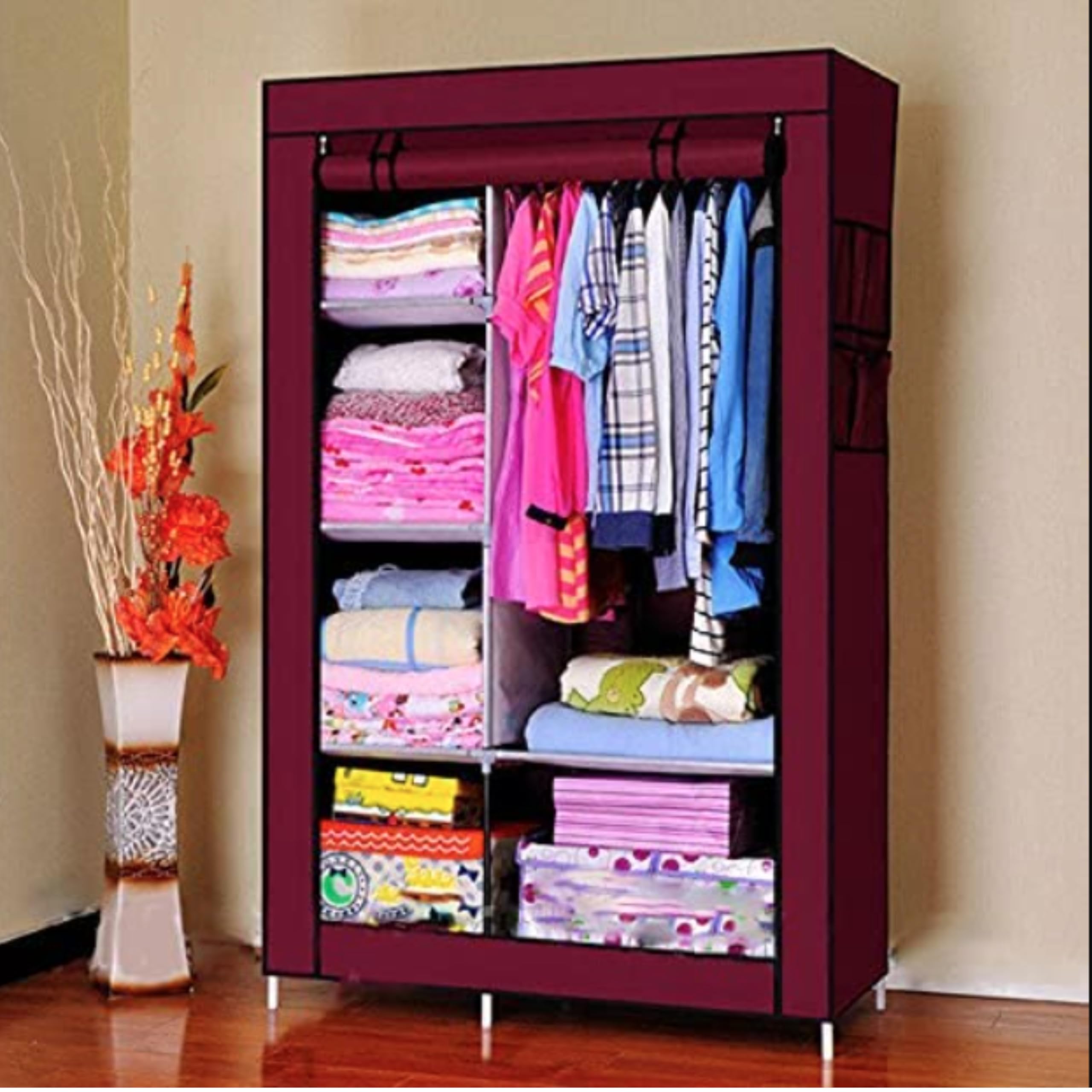 SHOWAY Portable, Multifunctional Fabric Wardrobe/Cloth Cabinet Closet Clothing Storage Organizer with Cover, Non Woven Fabrics (105 * 45 * 175cm)(MIXED COLOR)
