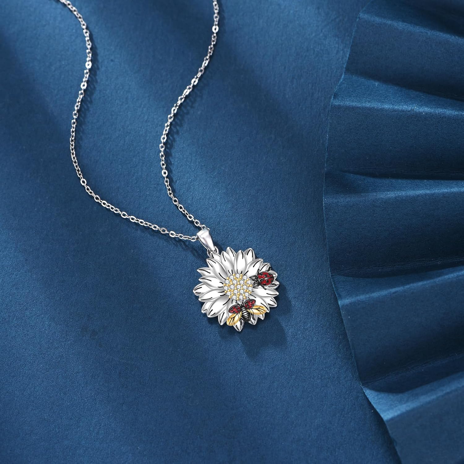 Ladybug Sunflower Necklace S925 Sterling Silver Ladybugs Sunflower Pendant Necklaces Funny Folwer Jewelry Gifts for Women - Image 2