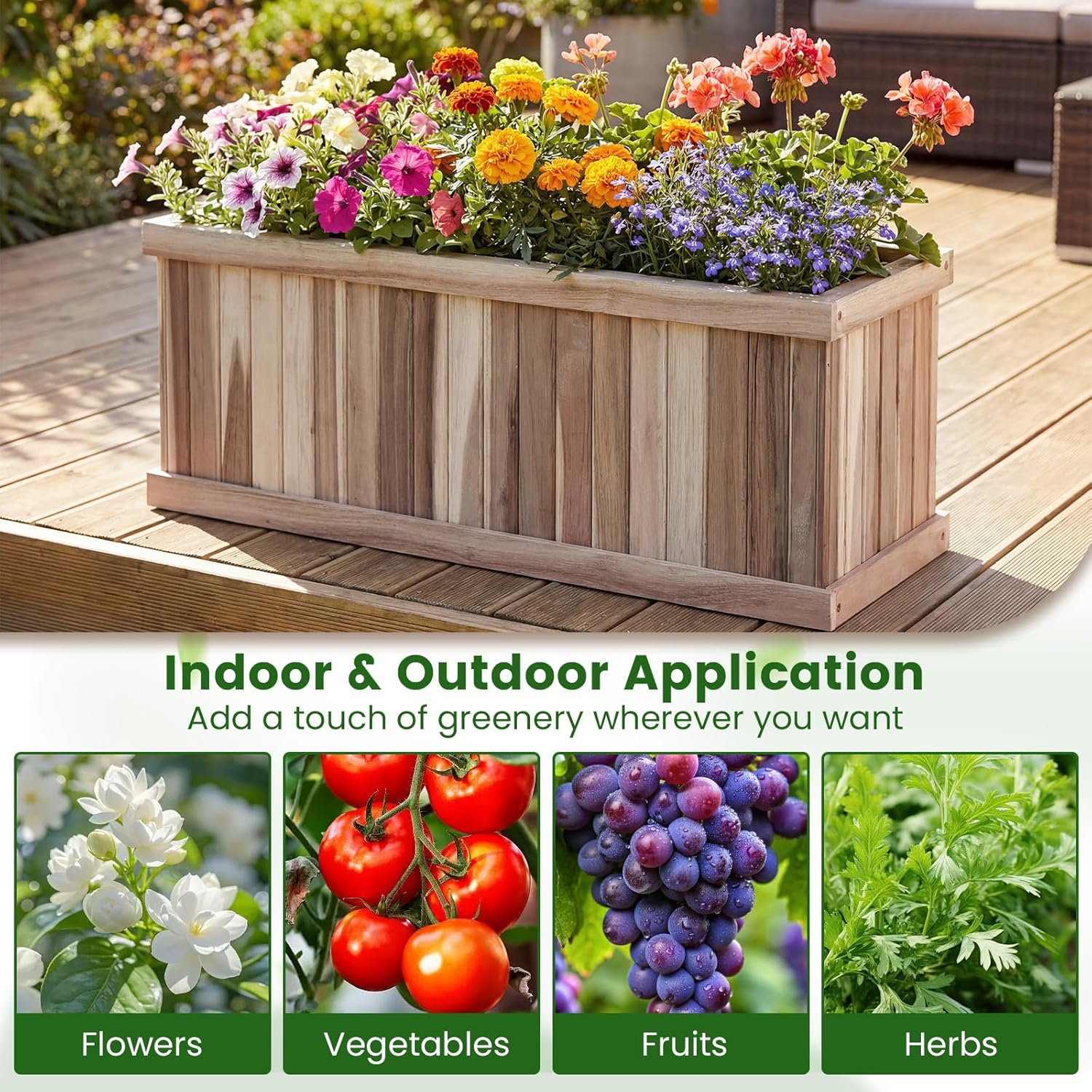 HAPPYGRILL Wooden Raised Garden Bed, Acacia Wood Rectangular Planter Box with Drainage for Vegetable Flower Herb, Indoor Outdoor Elevated Garden Box for Patio Yard, 36" L x 12" W x 12" H (1)