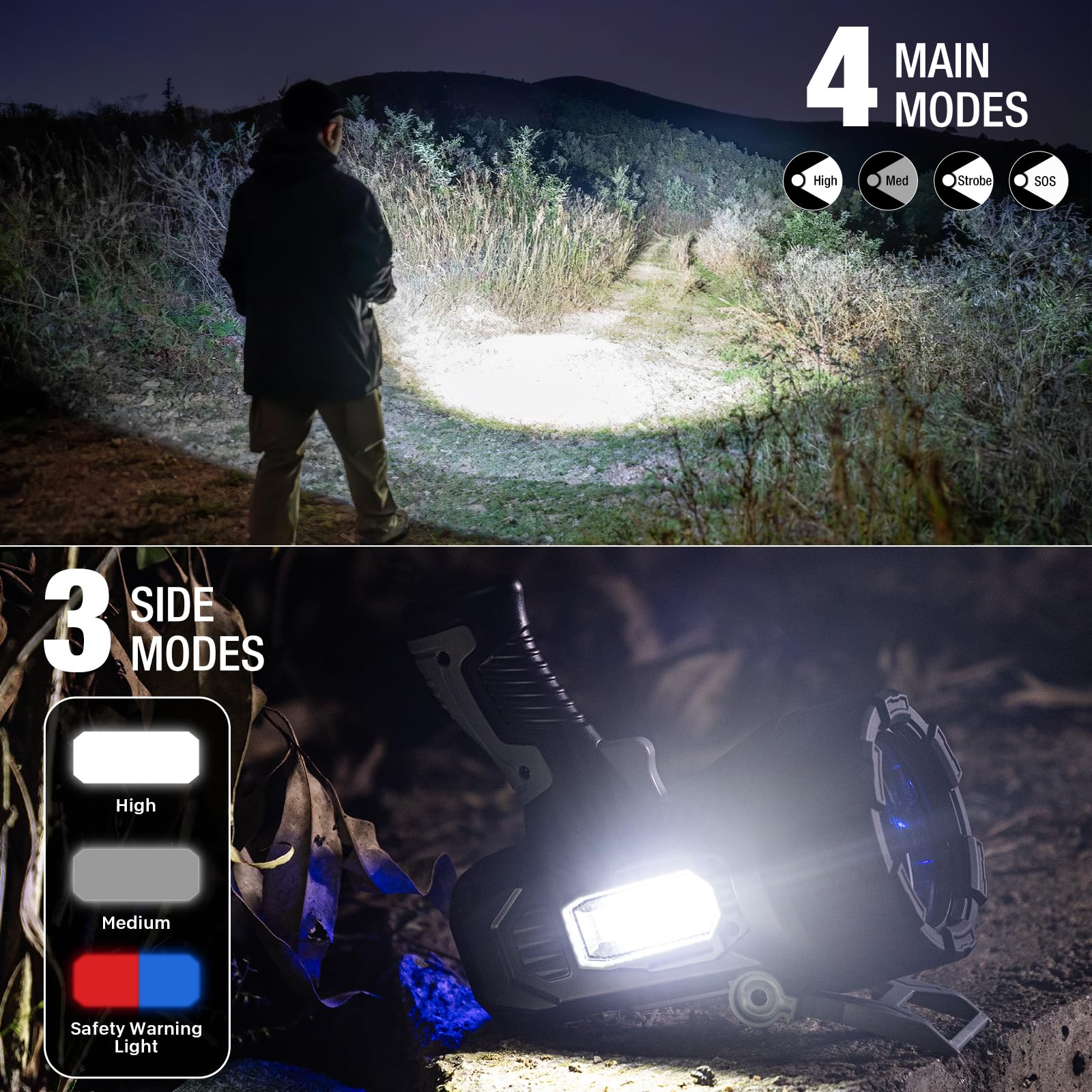 Faretto ricaricabile, 99000 lumen, super luminoso, torcia LED portatile con lenti a 3 colori e supporto pieghevole, 10000 Ah di lunga durata, impermeabile, per nautica all'aperto