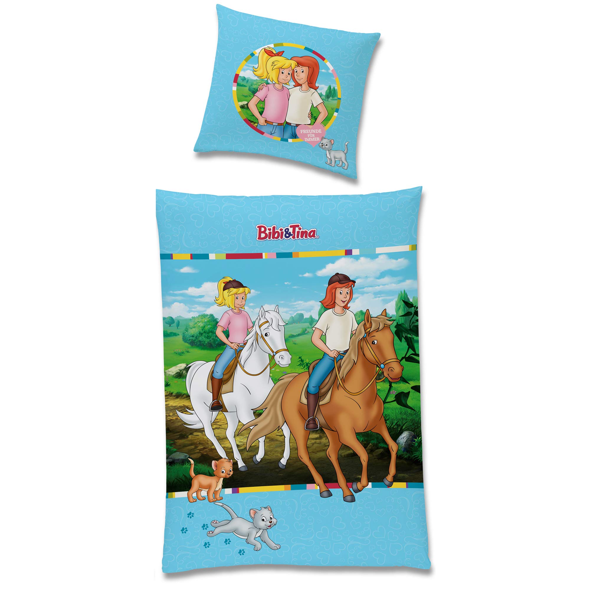 Bibi und Tina Biber Flanell Kinder Wende-Bettwäsche Minky 135x200cm + 80x80cm mit YKK-Reißverschluss 100% Baumwolle Bibi Blocksberg Tina Pferde-Bettwäsche Sabrina Amadeus Katze Cat Deutsche Größe