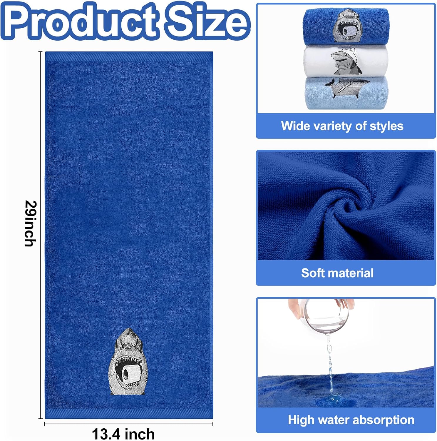 VitalCozy 3 Pcs Embroidered Shark Bathroom Hand Towels Shark Summer Decor 13.4 x 29 Inch Cotton Trendy Sea Beach Animals Bathroom Towels Decor for Funny Sea Lovers Gifts - Image 2