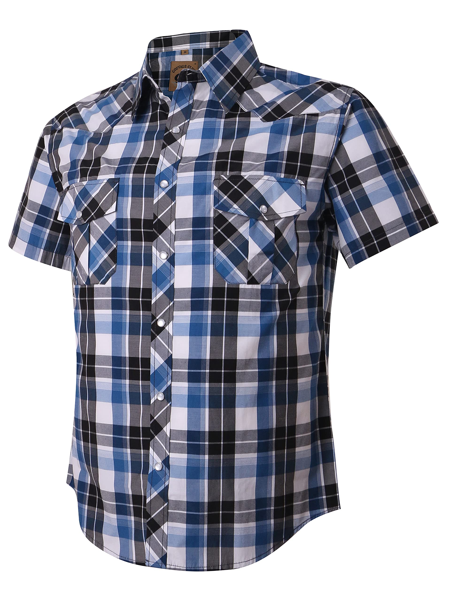 COEVALS CLUB Men's Western Plaid Pearl Snap Buttons Two Pocket Casual Short Sleeve Shirts