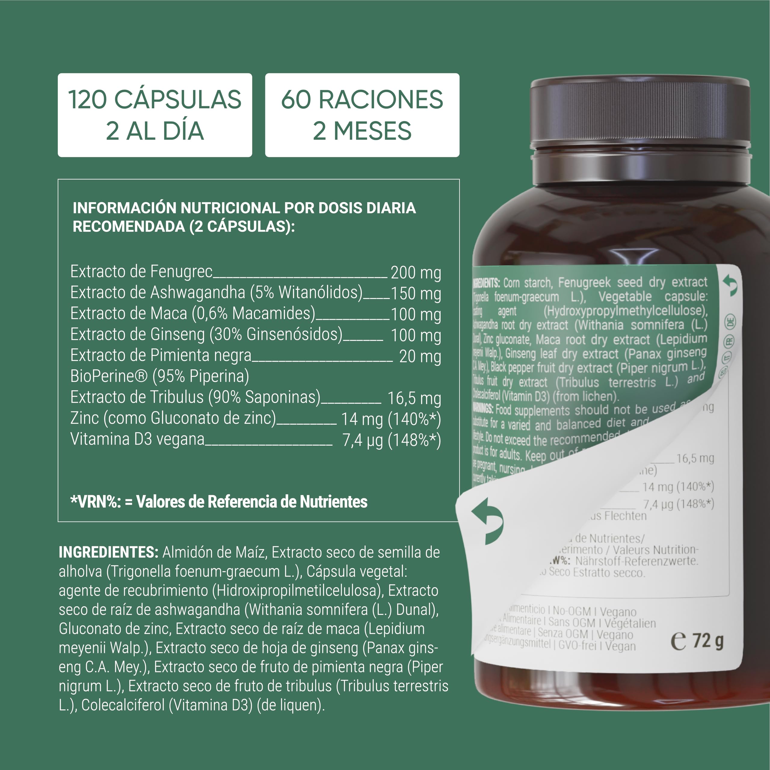 Nullure Testosterona Hombre Natural | Vegano | Testado en laboratorio alemán | Rendimiento · Musculación · Energía I Tribulus Terrestris + Maca + Ashwagandha + Zinc |120 caps