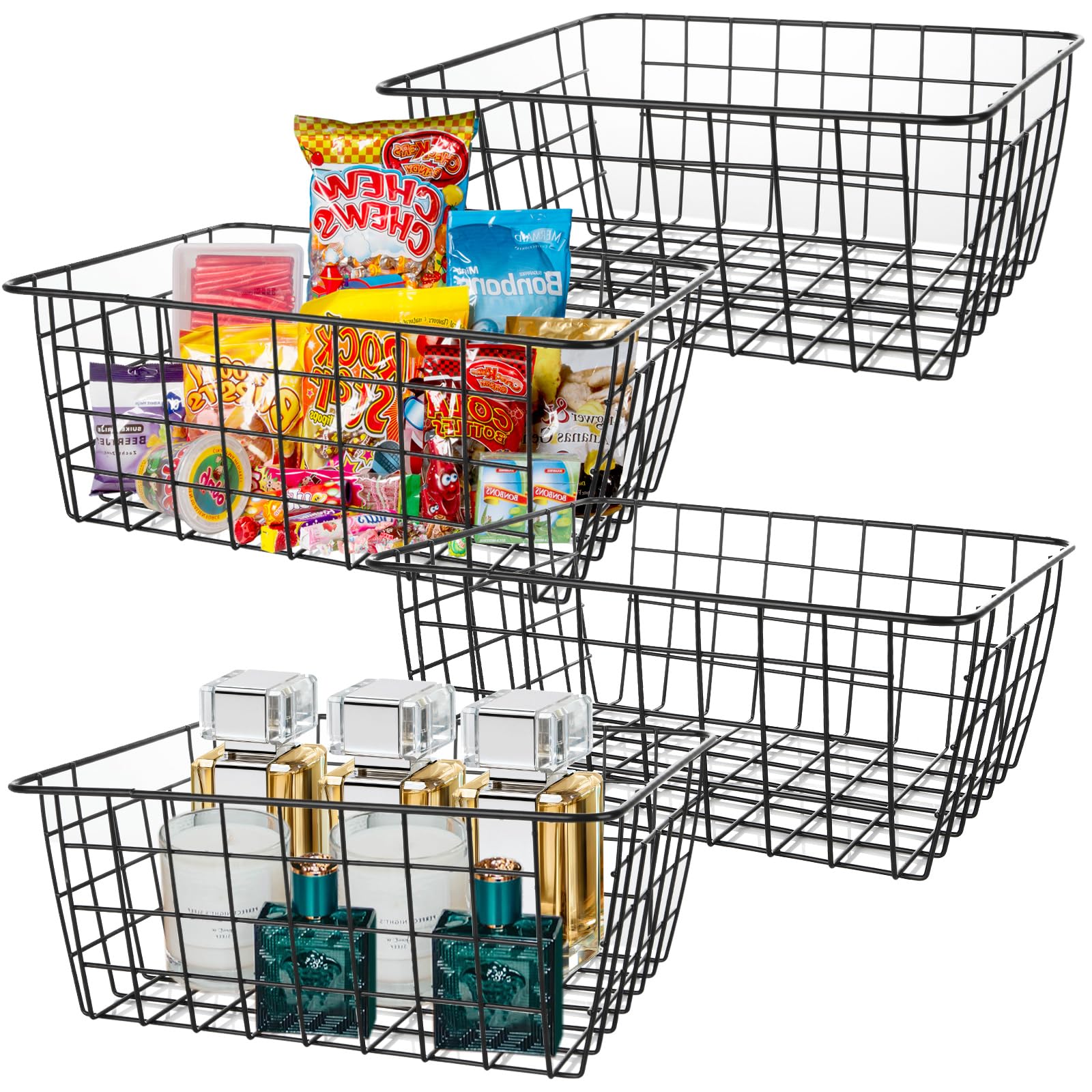 YOUNTHYE 4Pack Wire Storage Baskets, 28x22x11CM Black Basket Wire Basket with Handle, Pantry Organiser Freezer Storage Organizer for Shelf, Cabinets, Bathroom, Closets