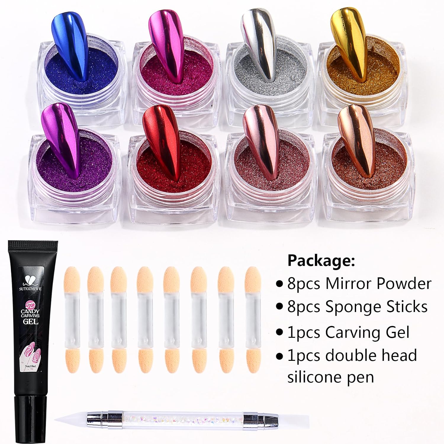 8Jars Chrome Nail Powder Metallic Mirror Effect Pigment Pearl Glitter Dip Powder Manicure Kit Nail Art Decoration Sets