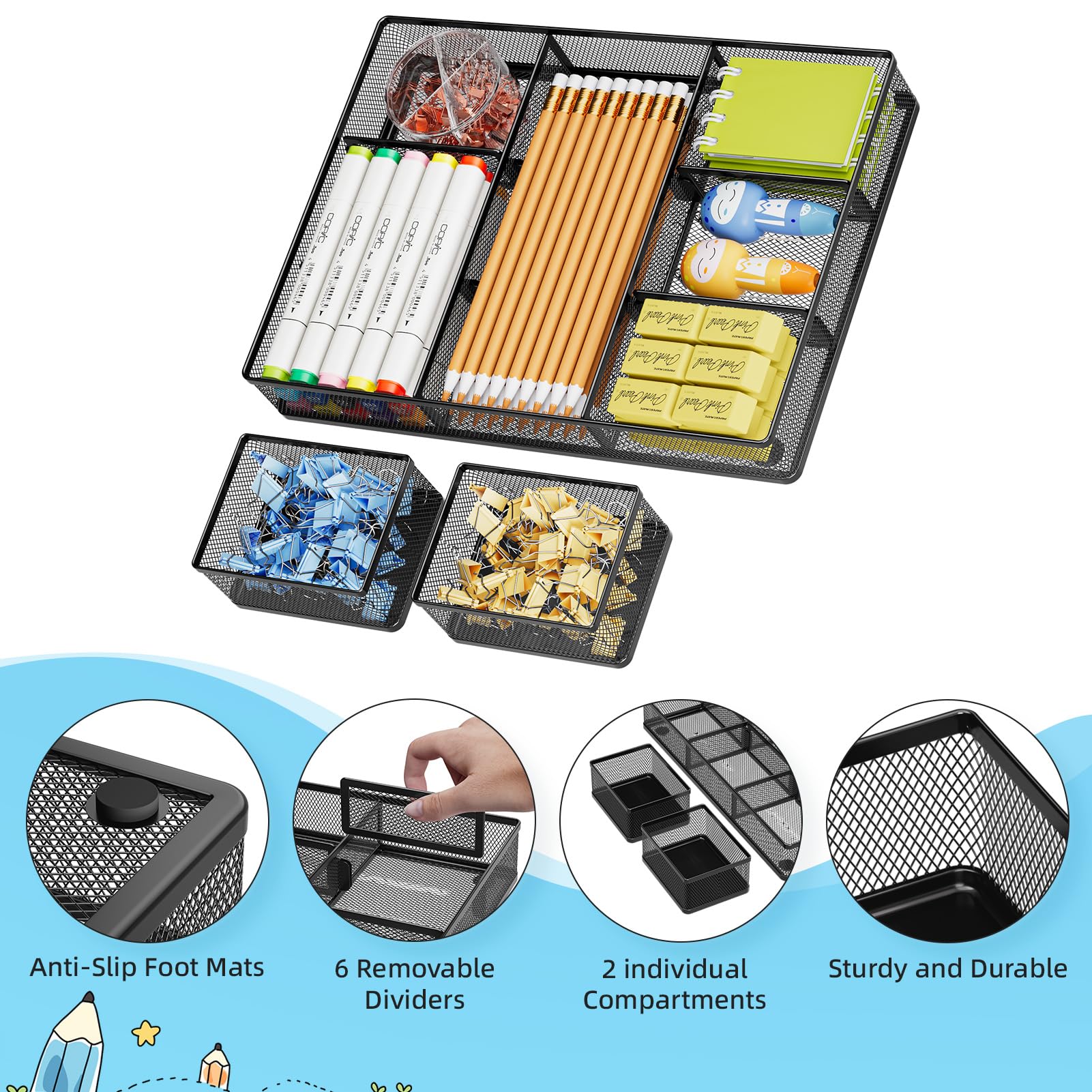 Marbrasse Confezione da 3 organizer per cassetti da scrivania, con 9 scomparti regolabili, cassetti spazzatura per trucco e toeletta, forniture per scrivania e accessori da ufficio (confezione da 2
