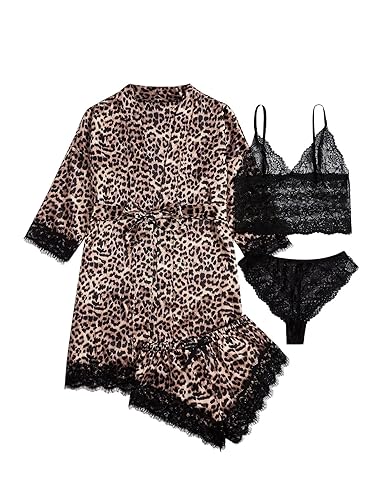 WDIRARA Women' Silk Satin Pajamas Set 4pcs Lingerie Floral Lace Cami Sleepwear with Robe - Medium - Black Leopard