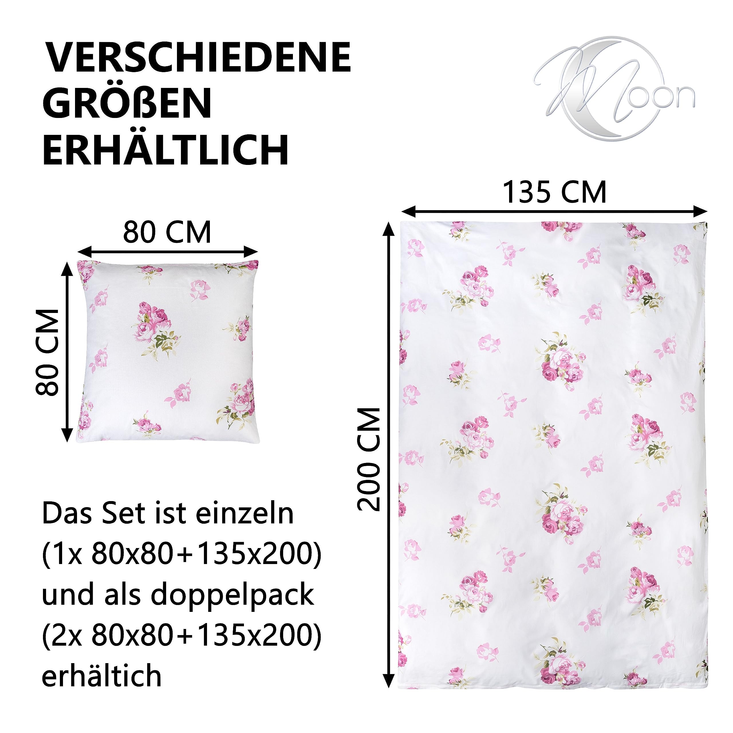 Moon Zestaw 2 pościeli Rosemarie 135 x 200 / 80 x 80 cm - elegancki wzór kwiatowy, 100% bawełna, jakość premium z zamkiem błyskawicznym