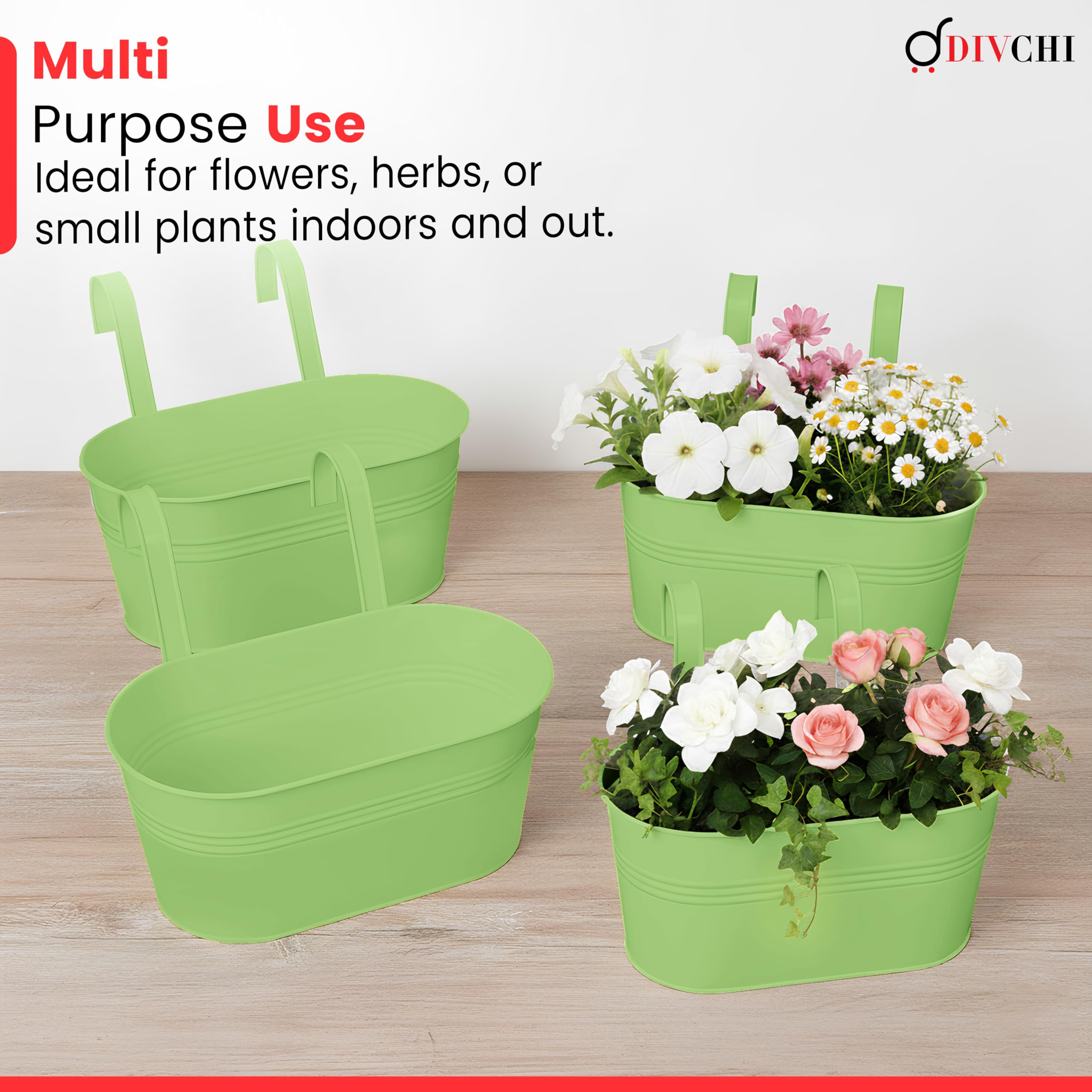 DIVCHI 4PCS Heavy Duty Metal Hanging Plant Pots 30cm Fence Railing Planters with Detachable Hooks Balcony & Garden Flowerpots with Drainage Hole Outdoor & Indoor Décor Planters (Green) - Image 5