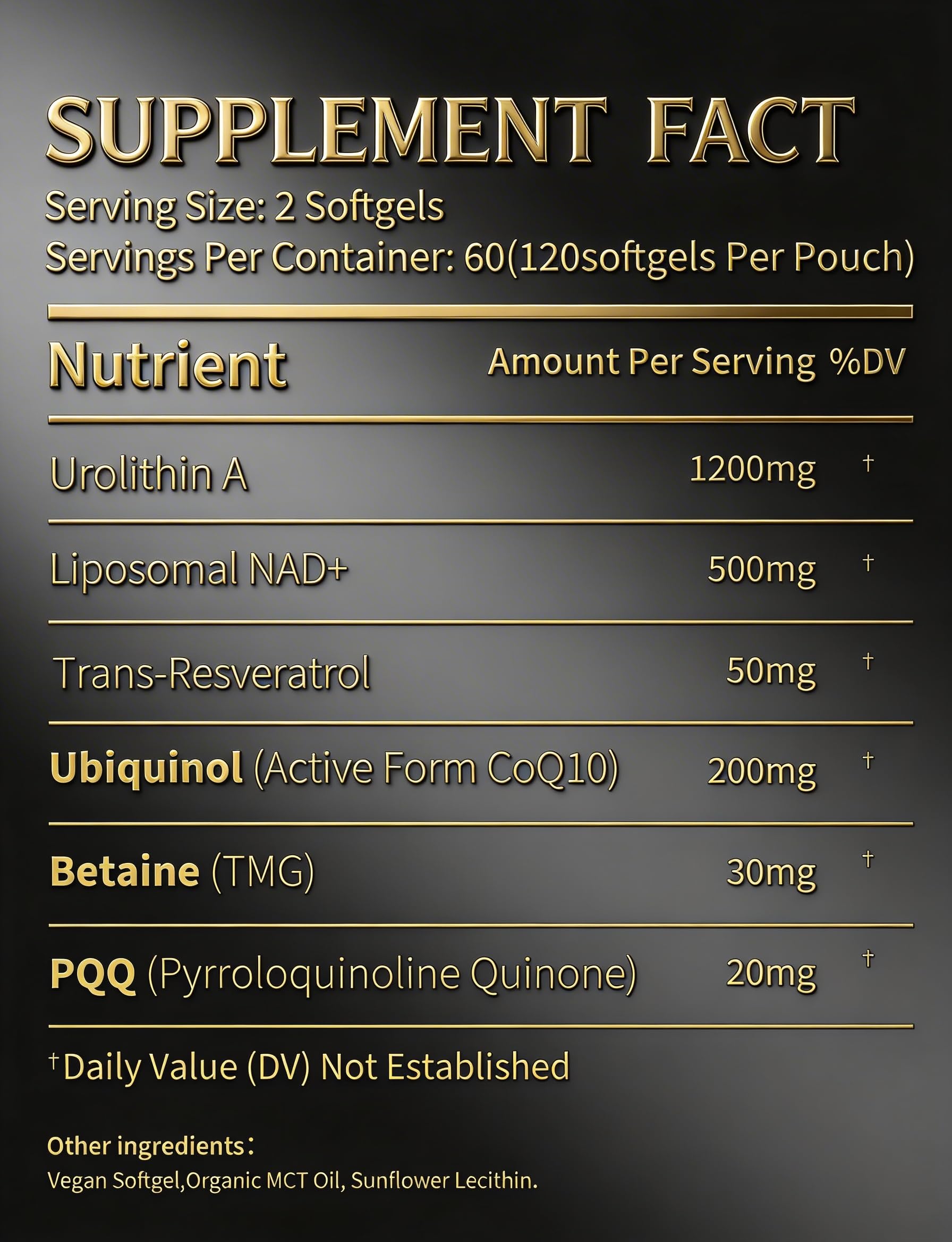 Urolithin A Supplement with Liposomal NAD+, Trans-Resveratrol, Ubiquinol, TMG, PQQ, 6-in-1 Formula for Cellular Energy & Mitochondrial Support, 120 Softgels — view 7