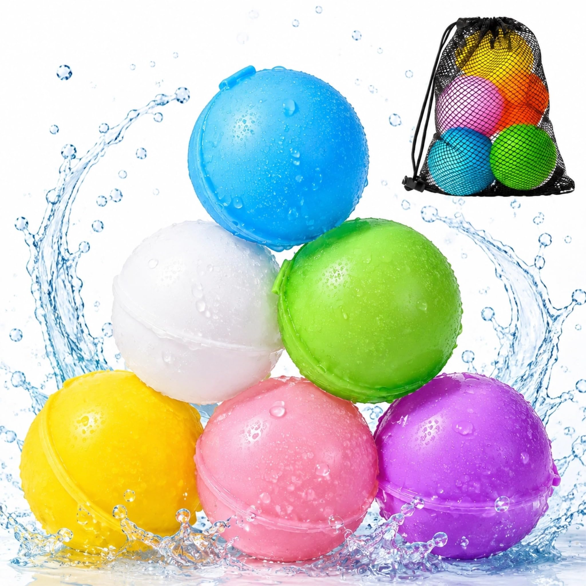 Reusable Silicone Water Balloons, Self-Sealing Refillable Water Bomb Balls with Storage Mesh Bag, Summer Outdoor Water Fight Toy for Kids Adults,6pcs