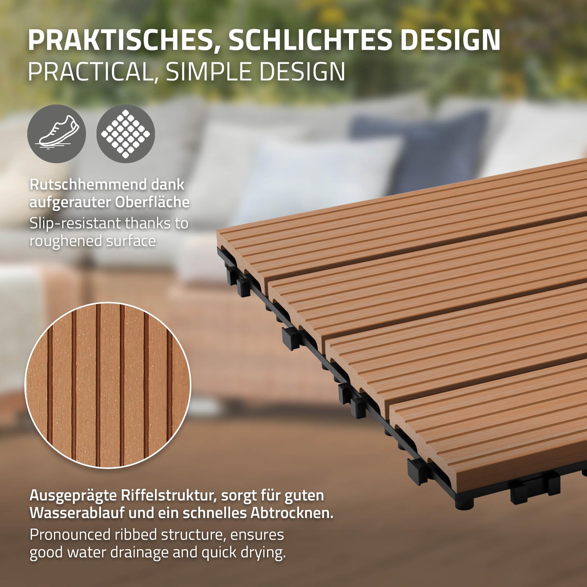 ECD Germany Piastrelle per Pavimenti da Esterno Piastrelle per Terrazze in WPC 30x30 cm Set di 22 pezzi per 2m ² Marrone Chiaro con Aspetto Legno Piastrelle da Giardino con Drenaggio e Sistema Plug-In