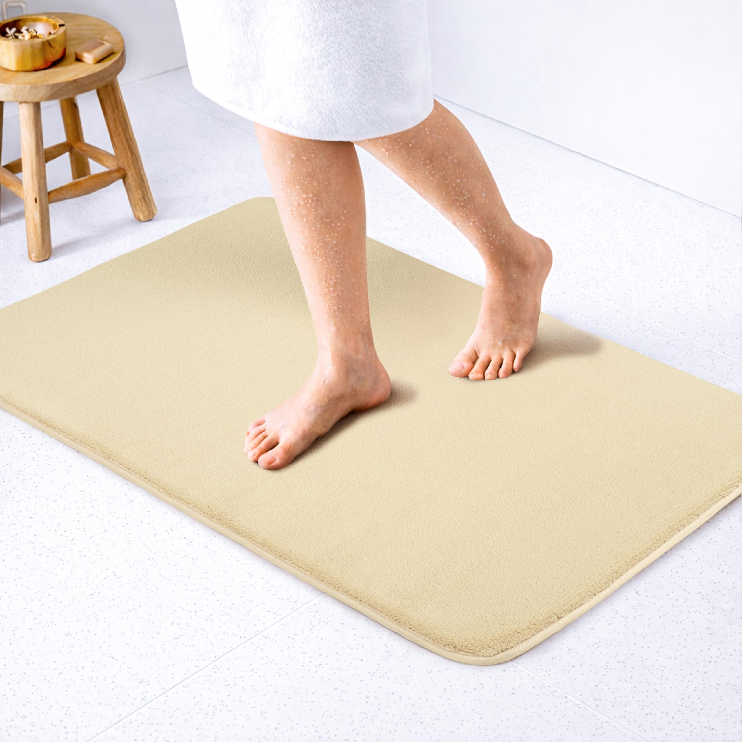 American Soft Linen 21x32 Fluffy Foamed Slip Reducer Bath Rug, Machine Washable Area Bath Mat Rugs for Bathroom, Beige