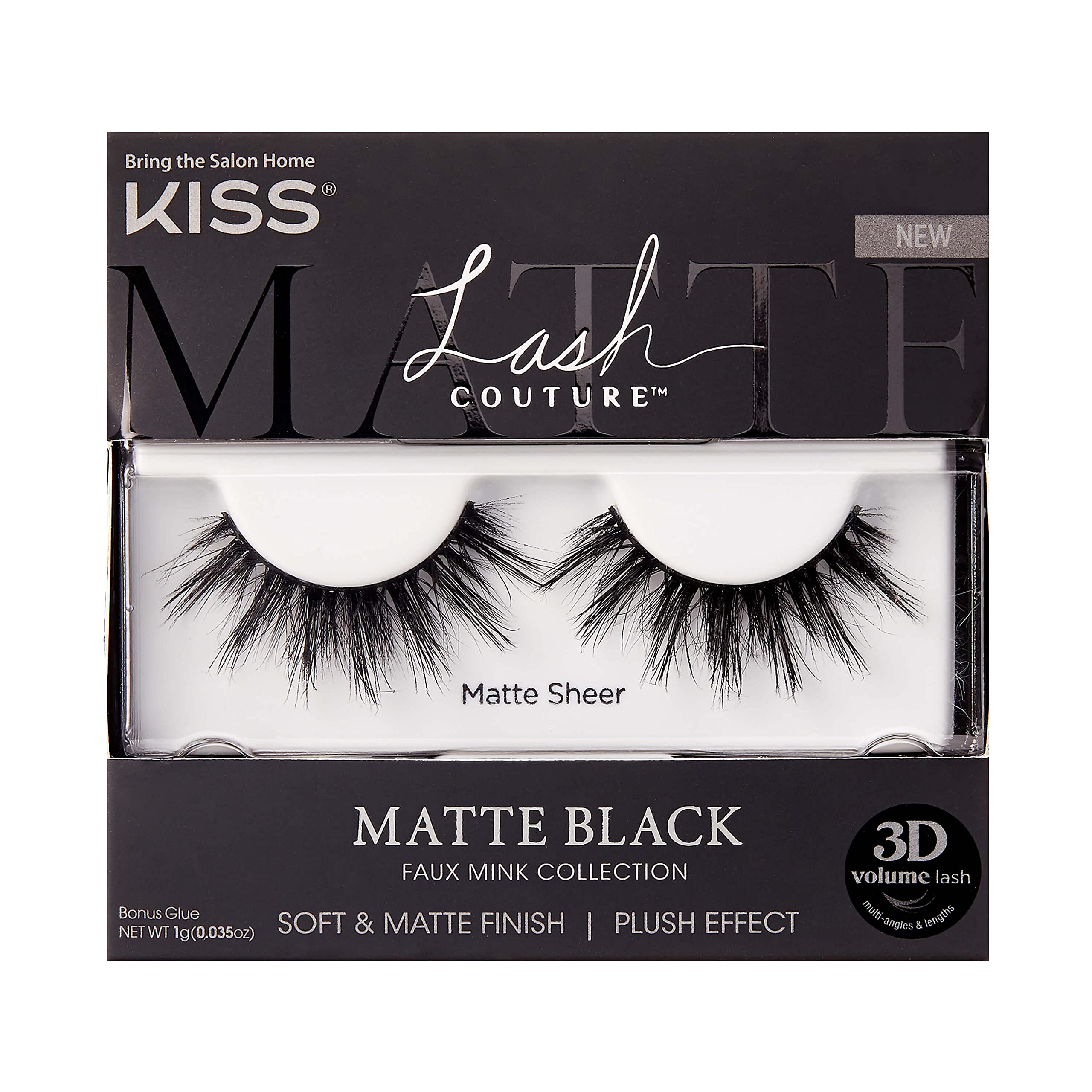 KISSLash Couture Matte Black Faux Mink Collection, False Eyelashes 1-Pack, Soft Real Mink Texture & Matte Finish, High Impact Color, 3D Volume, Knot-Free Lash Band, Reusable, Matte Sheer, 1 Pair