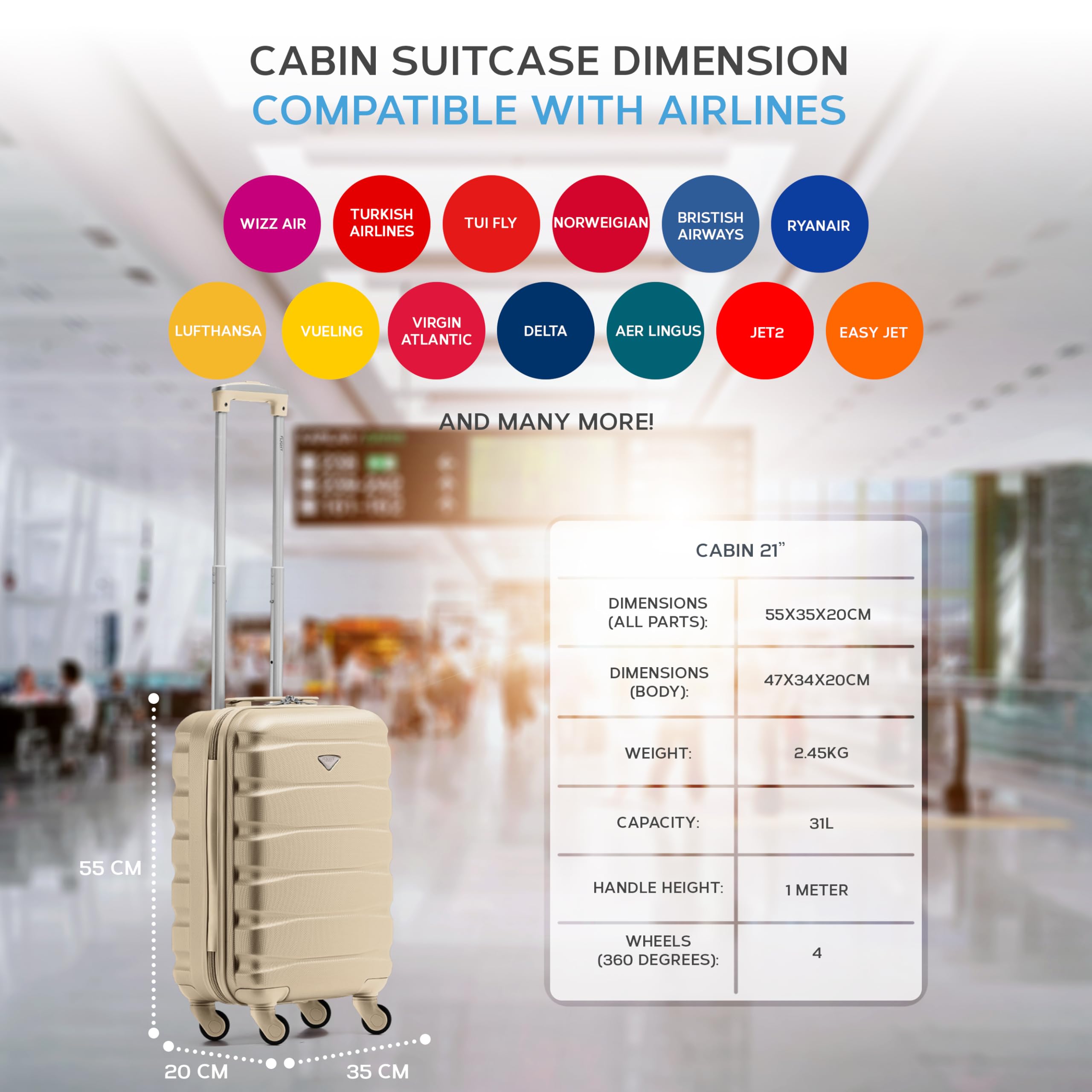Flight Knight Cabin Suitcase 55x35x20, Lightweight Carry On Bag for Over 100 Airlines- Ryanair, EasyJet, British Airways, Virgin Atlantic - Small Durable Hand Luggage, ABS Hard Shell- TSA Lock
